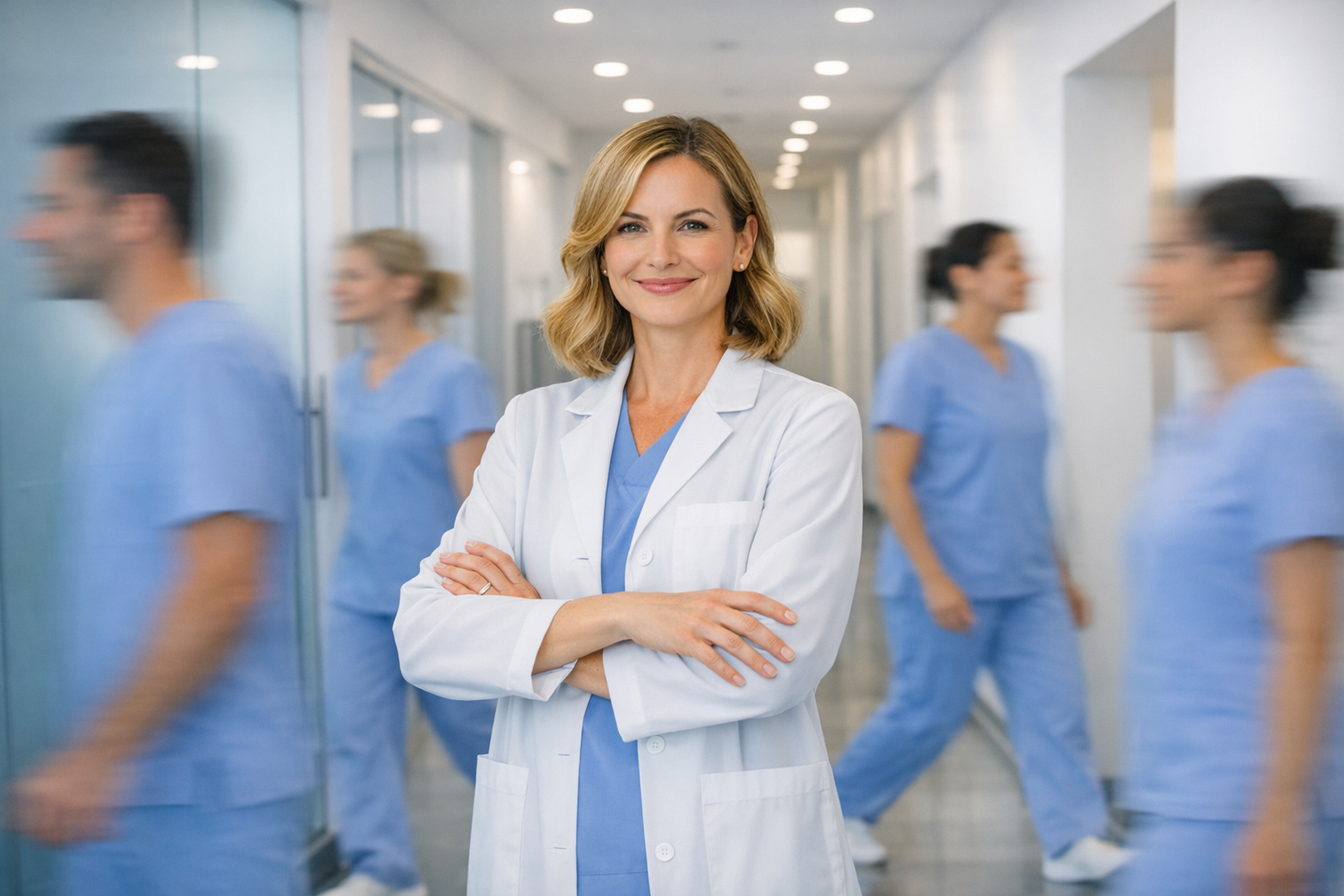 A female dentist stands confidently in a modern clinic hallway as blurred staff in matching scrubs move around her, showing a productive, well‑run practice.