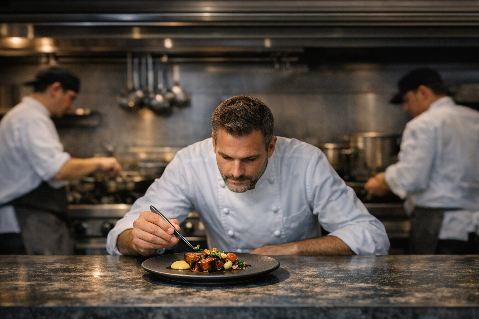 A professional chef uses tweezers to plate a dish with precision and focus in a busy restaurant kitchen — a metaphor for the value of specialisation in dental practice.