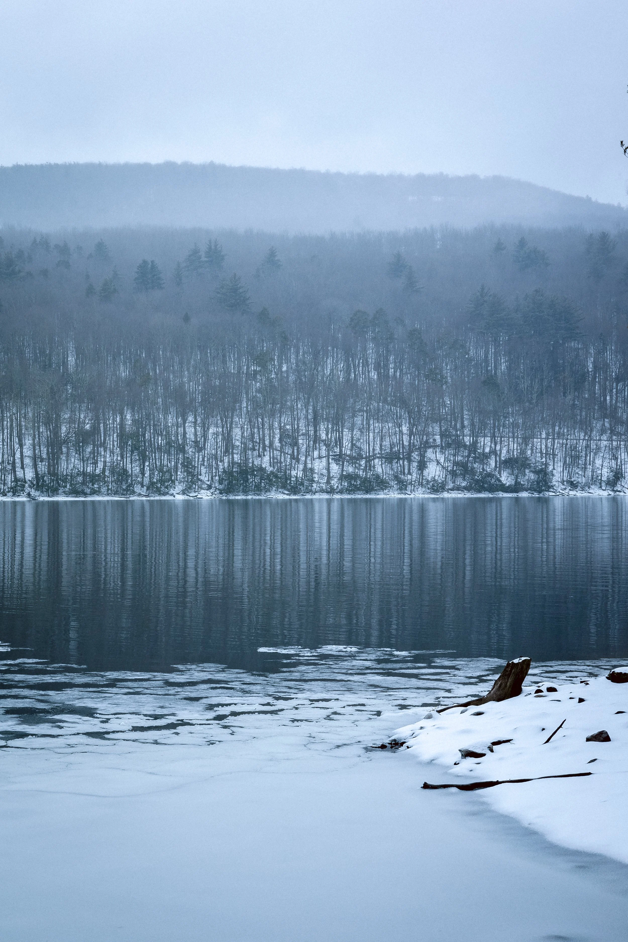 Snow-covered shoreline with ice patches on a frozen lake, dense winter trees along the bank, and distant hills under a gray winter sky.