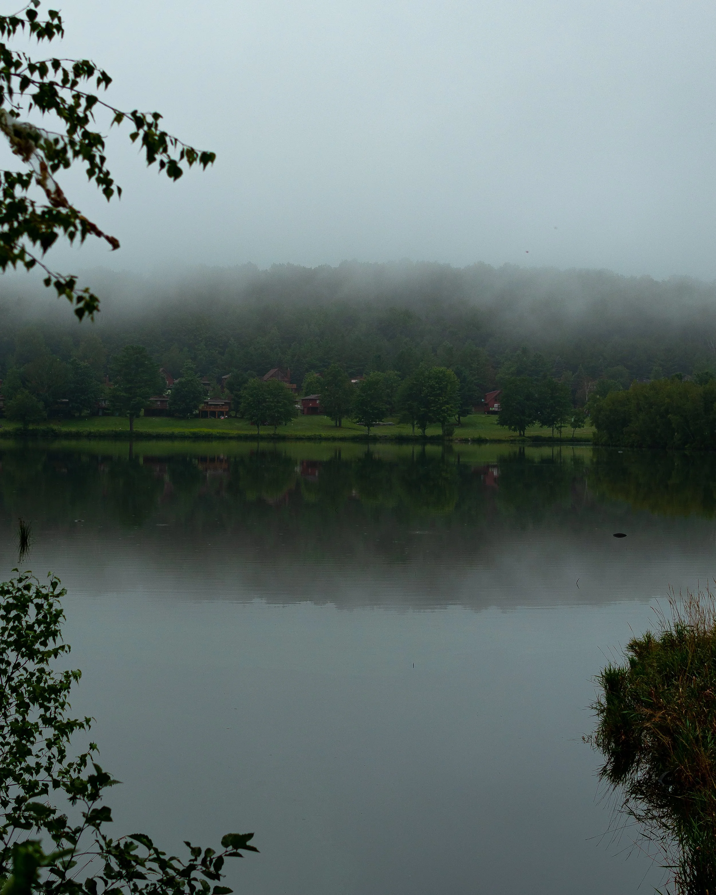 A peaceful lake reflecting a green tree-lined shoreline with houses, surrounded by foggy hills and trees in the background.
