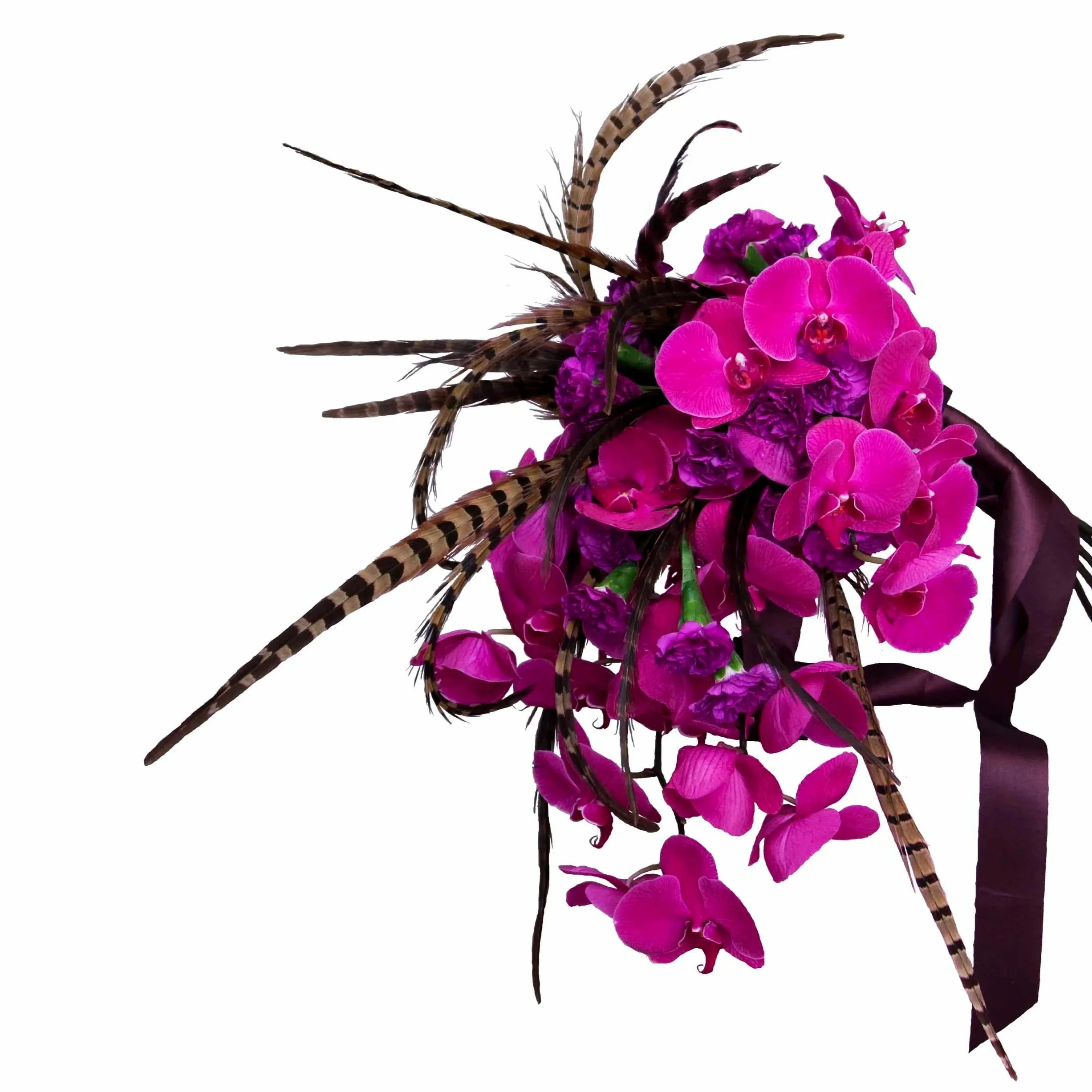 Bright Bold Cascading Phalaenopsis Orchid Wedding Bouquet. Featuring fuchia  phalaenopsis orchids, purple carnations and feathers. Botanic Flowers 1300 820 920.