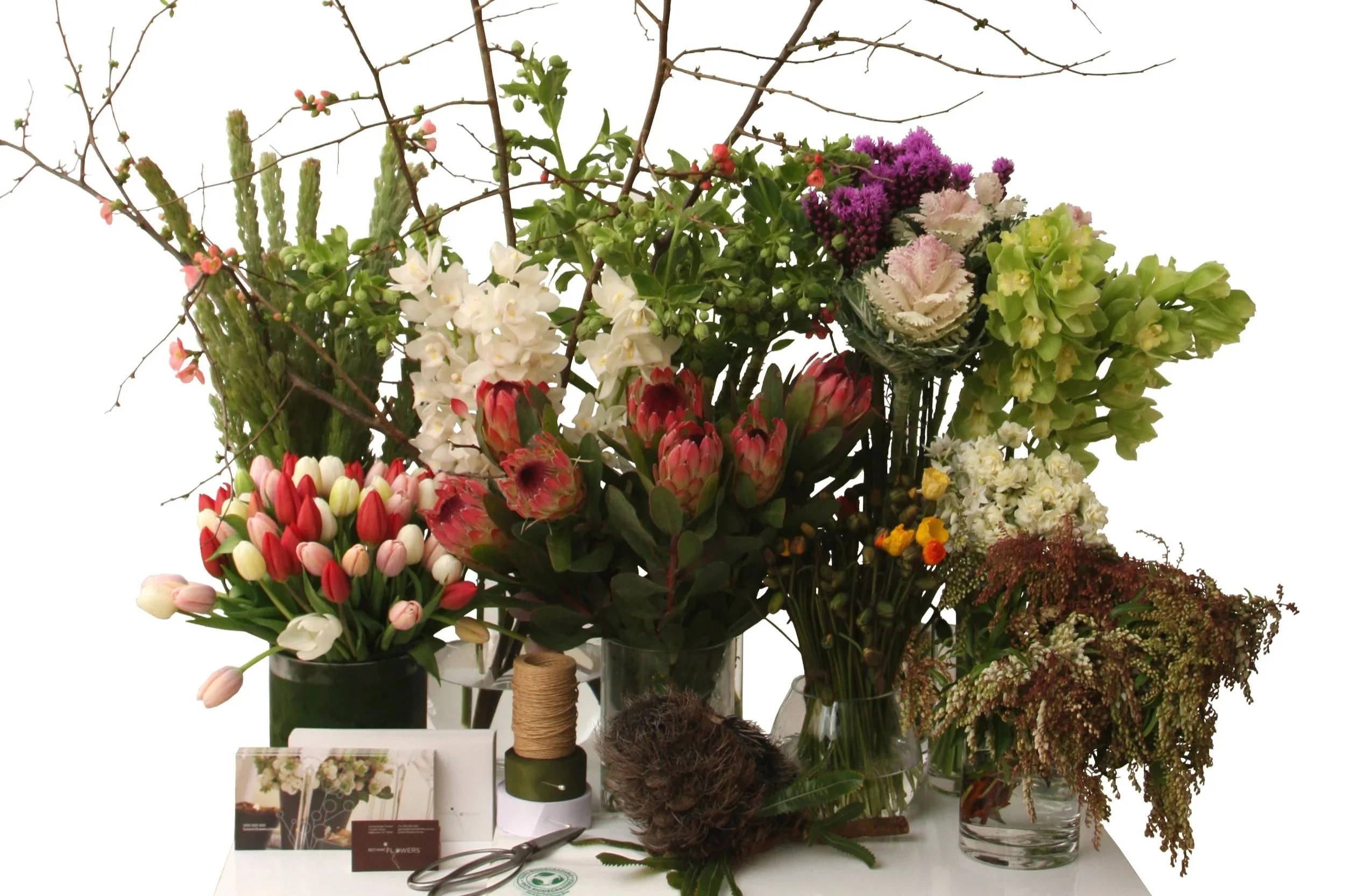 Designer Choice Hand-Tied Premium Bouquet. Botanic Flowers Melbourne 1300 820 920. Fast flower delivery service, pre order flowers, locally grown and sustainable floral practices.