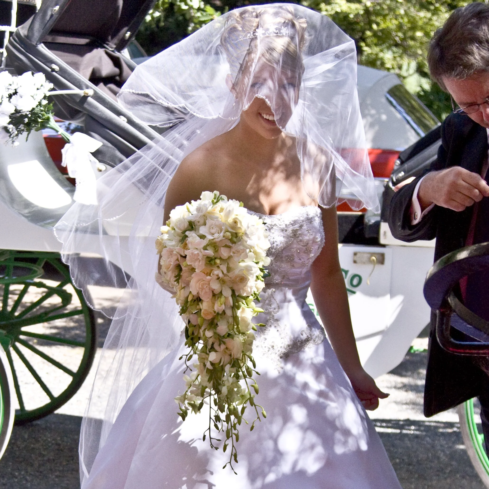 Cascading Bridal Bouquet featuring roses, singapore orchids and gardenia 