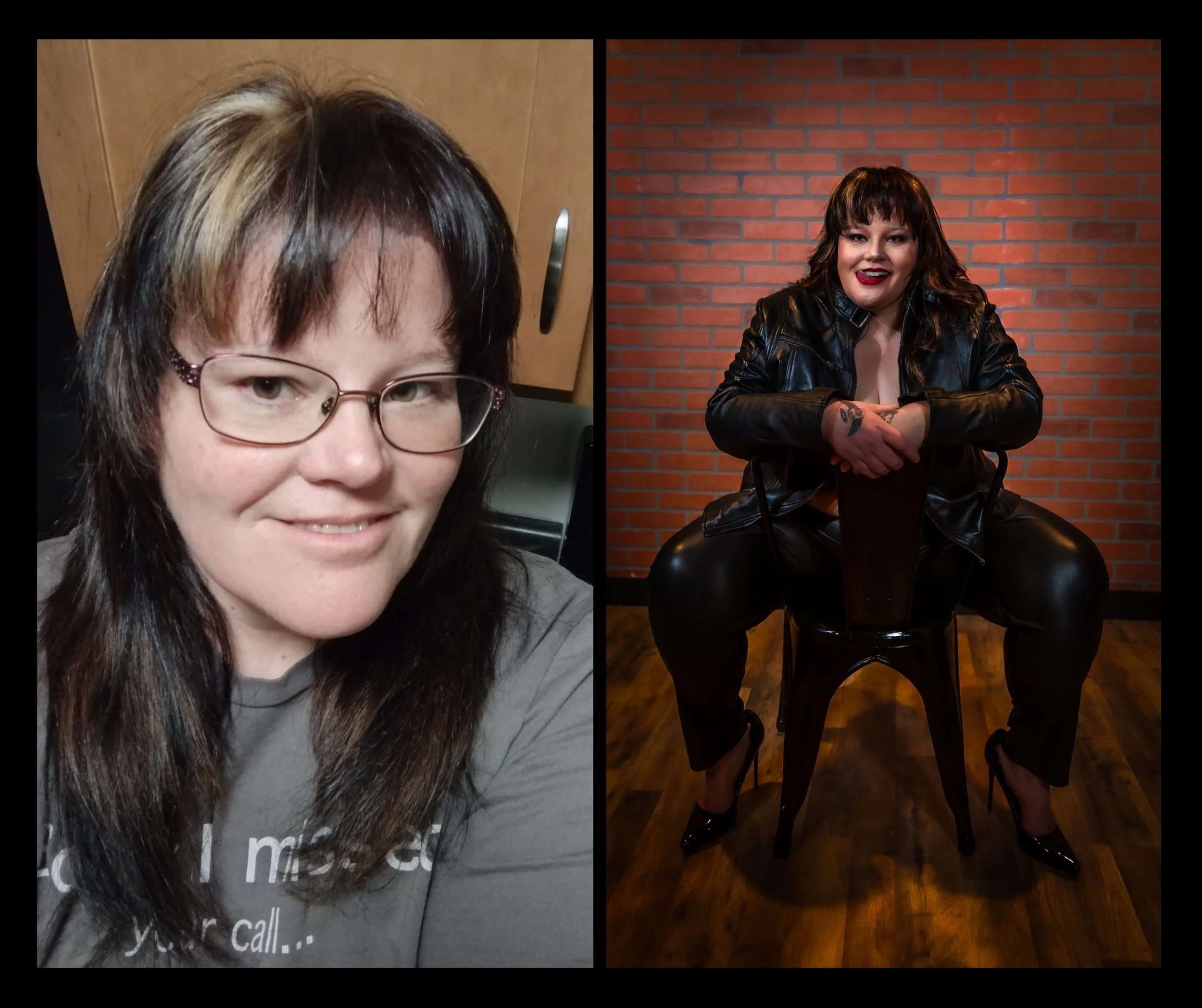 Before and after: Wendi in an everyday selfie, then in her boudoir portrait in black leather in Maine