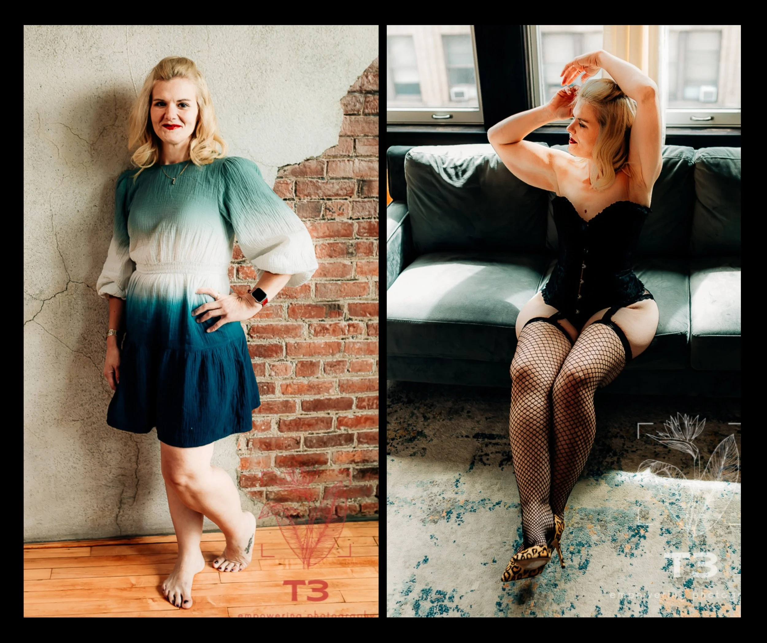 Before and after: Carla in an everyday outfit, then in her boudoir portrait in lingerie and stockings in Maine