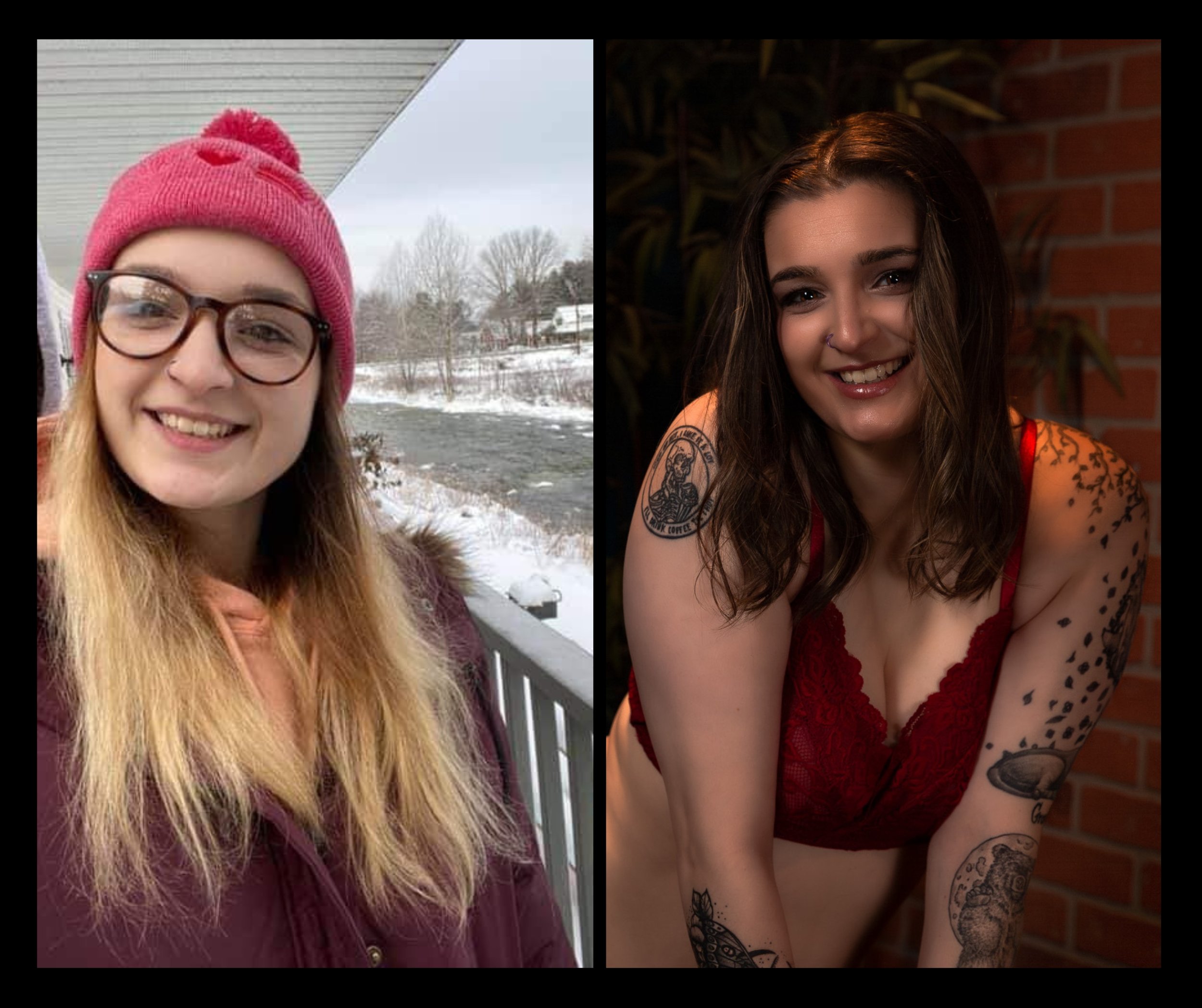 Before and after: Karla in a winter selfie, then in her boudoir portrait in red lingerie in Maine