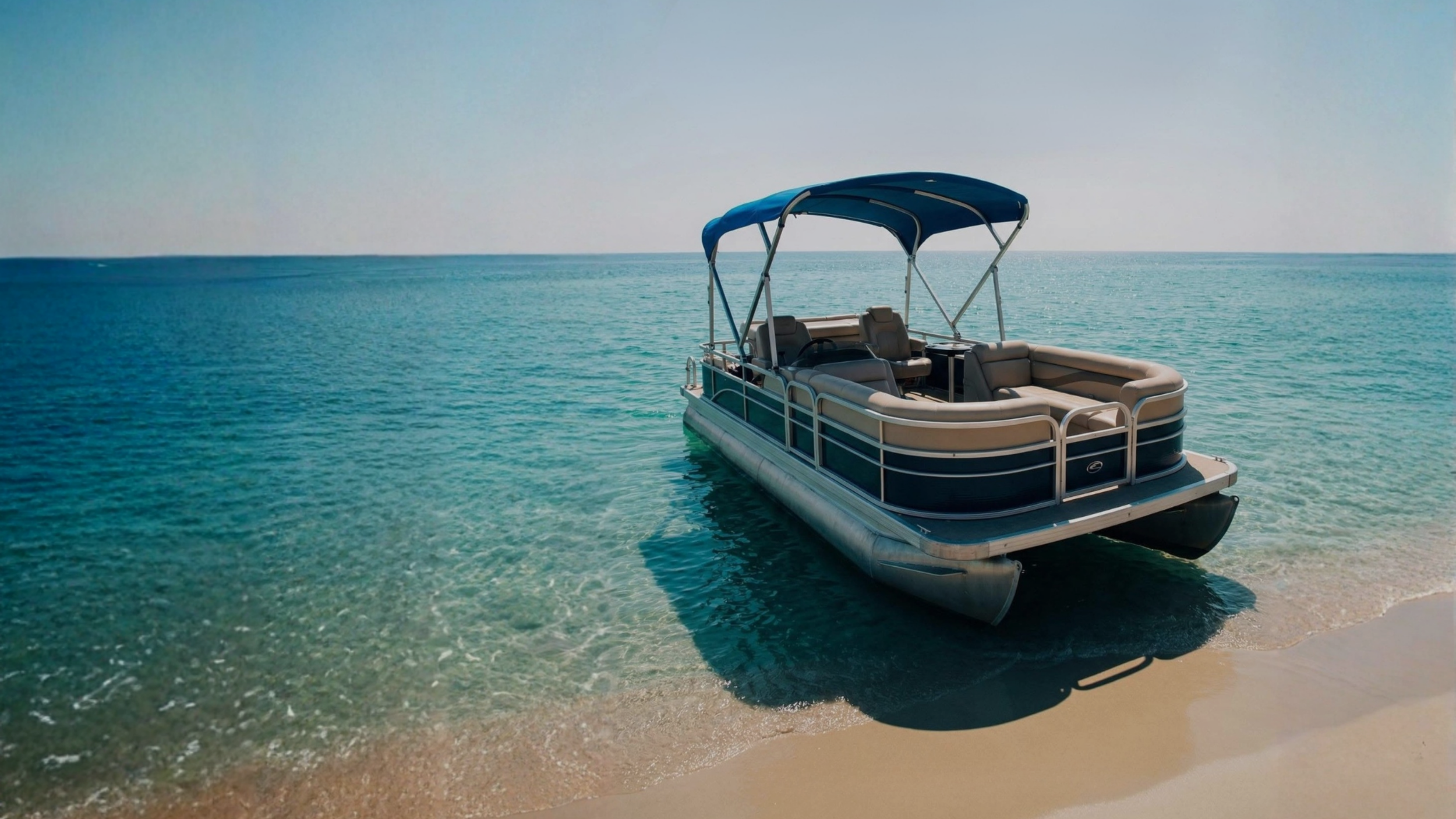 A family of three sitting on a boat docked by a marina with water and houses in the background, under a blue sky.