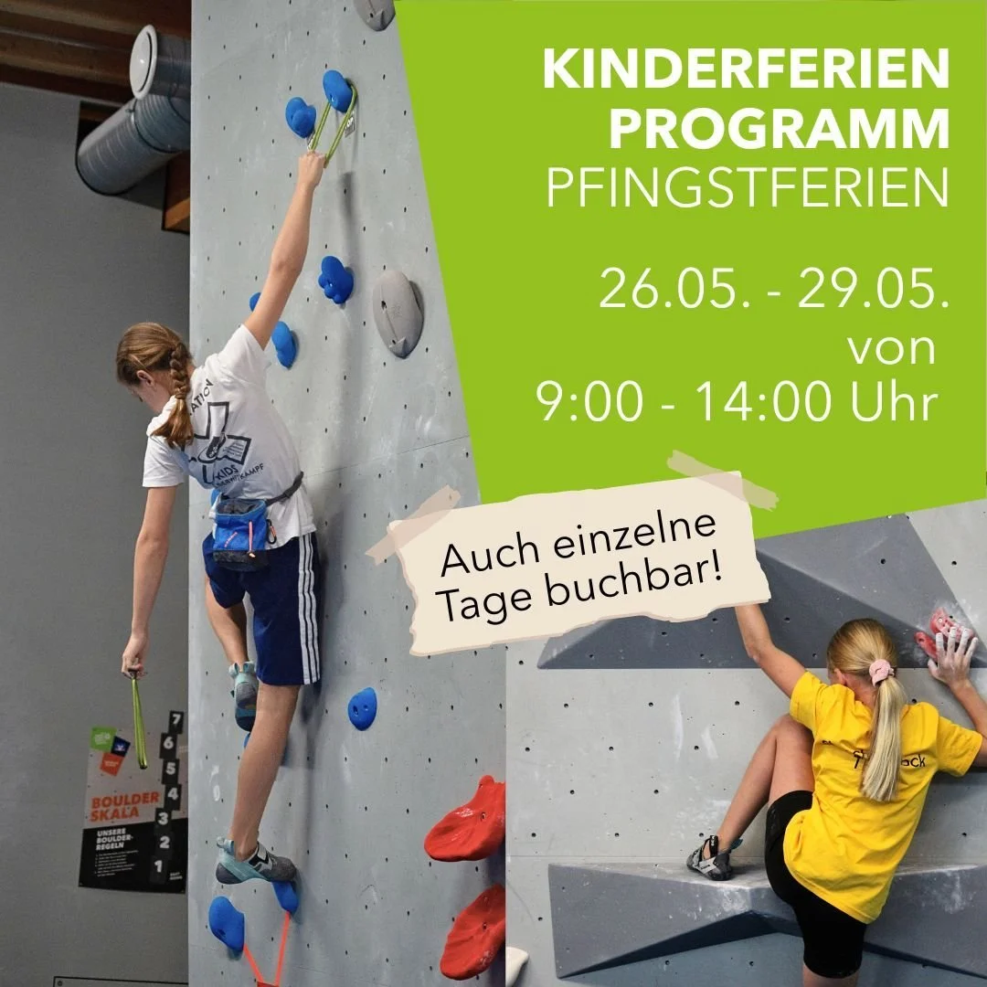 +++ Kinderferienprogramm Pfingstferien +++

Nach den Ferien ist vor den Ferien!

An Pfingsten gibt es viel Action bei uns in der Halle! 🚀🎉

Bei unserem Ferienprogramm warten auf euch:
🫵4 Tage Action
🫵Kletter- und Boulderspiele
🫵Bastelangebot
🫵u