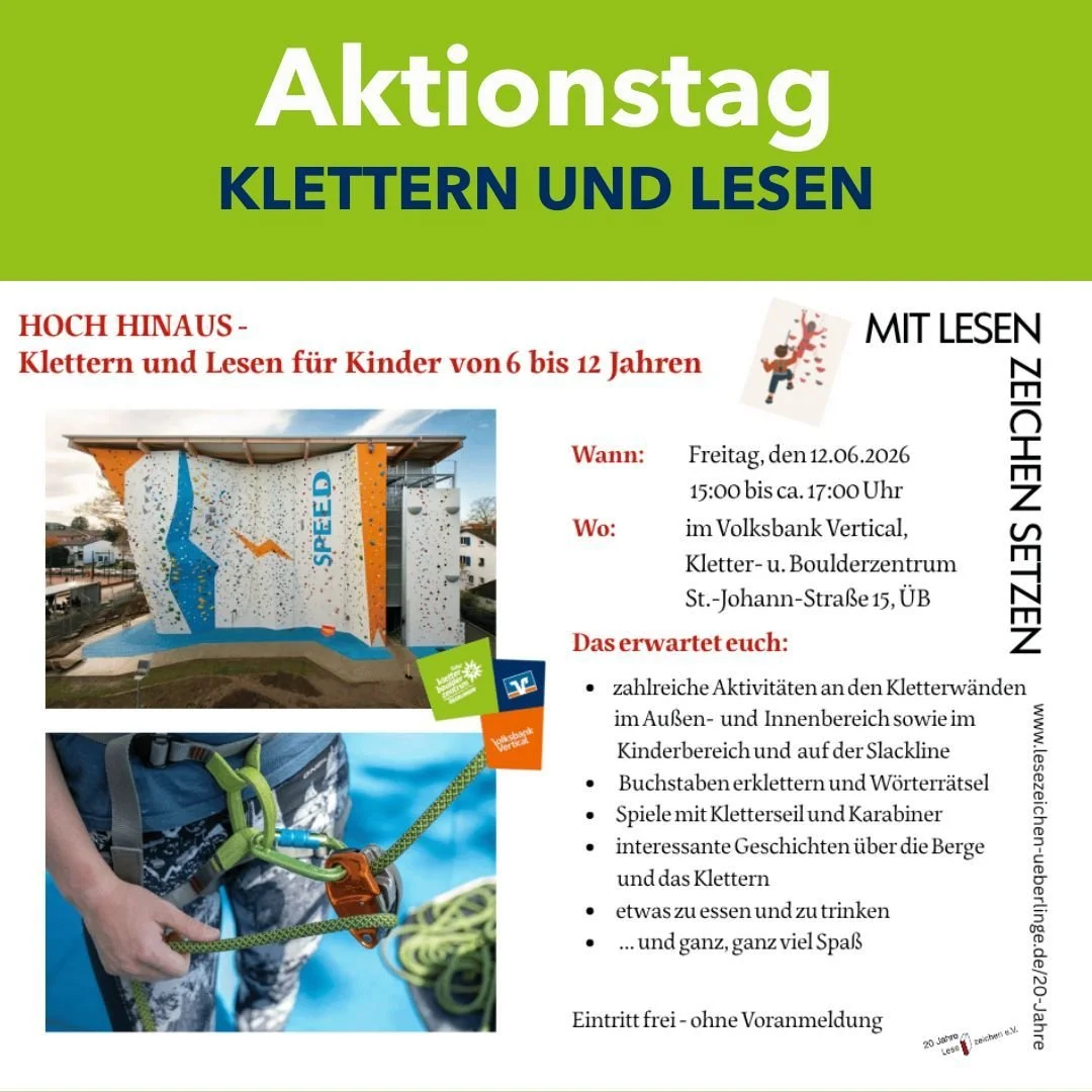 🎊 20 Jahre Lesezeichen e.V. - und wir feiern mit! 🎊

Die gemeinsame Aktion findet statt am
📅 diesen Freitag, 12.06.26
⏱️ von 15 - 17 Uhr

und richtet sich an alle Kinder von 6 bis 12 Jahren, die Lust haben, die Welt der Buchstaben in Action zu erl