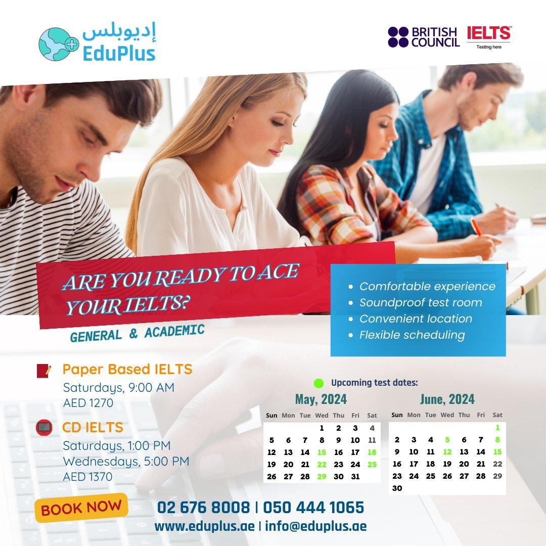 Ready to conquer your IELTS?✨ Book your slot now for May and June 2024! Weekday and weekend options available 💪 #IELTS #EduPlus #EduPlusAE #AbuDhabi #SuccessJourney #UAE #Immigration #IELTSTips #IELTSPrep #TOEFL #English #ESL