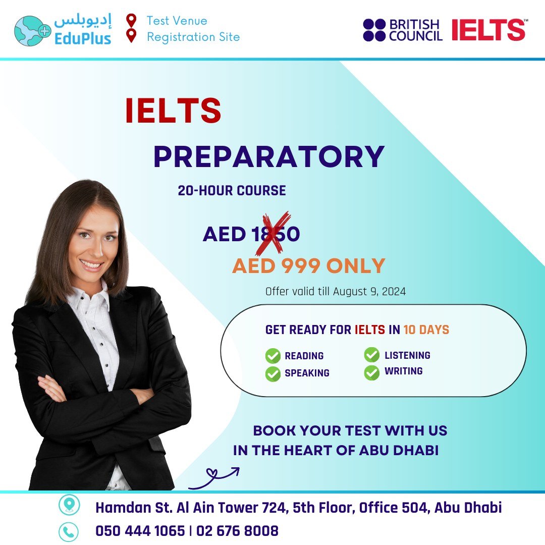 Our IELTS prep course is available at AED 999 ONLY, whether it's for Academic or General purposes. Prepare for your test in 10 sessions and book your test with us after you're done! Our test venue is conveniently located on Hamdan Street, right in th