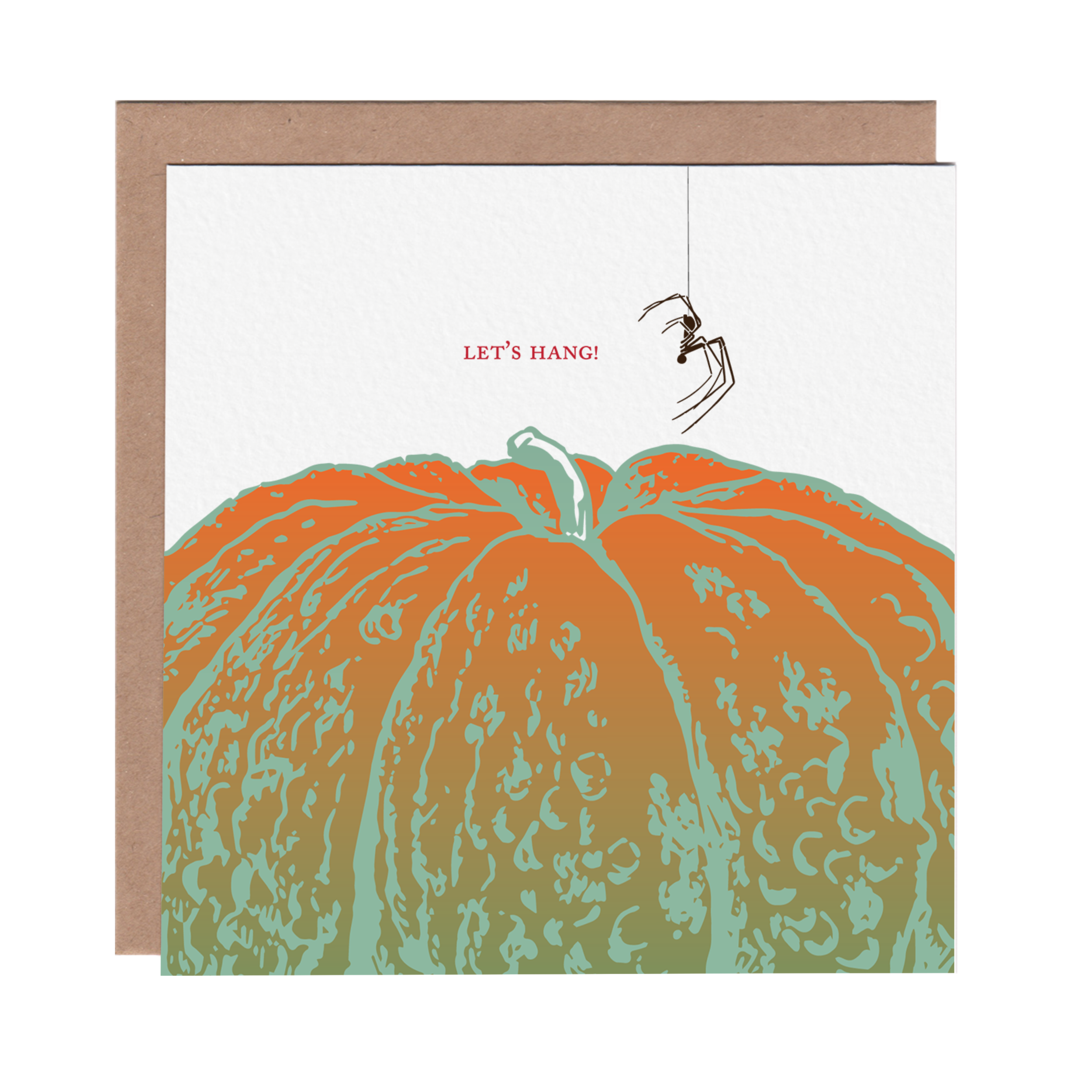Square greeting card with a colorful etching-style illustration of a pumpkin with a spider hanging above it on a white background. Blank inside, includes a brown kraft envelope.