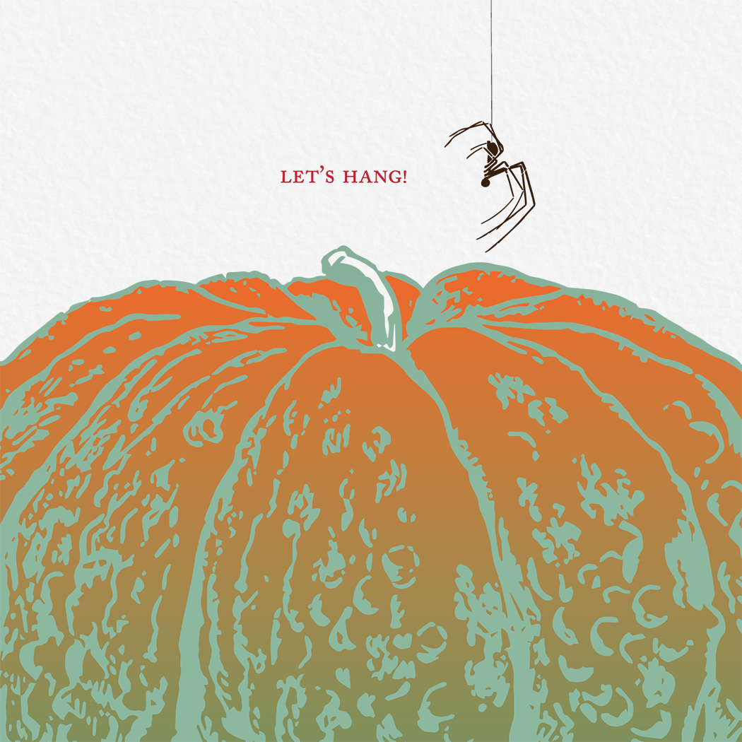 Square greeting card with a colorful etching-style illustration of a pumpkin with a spider hanging above it on a white background. Blank inside.
