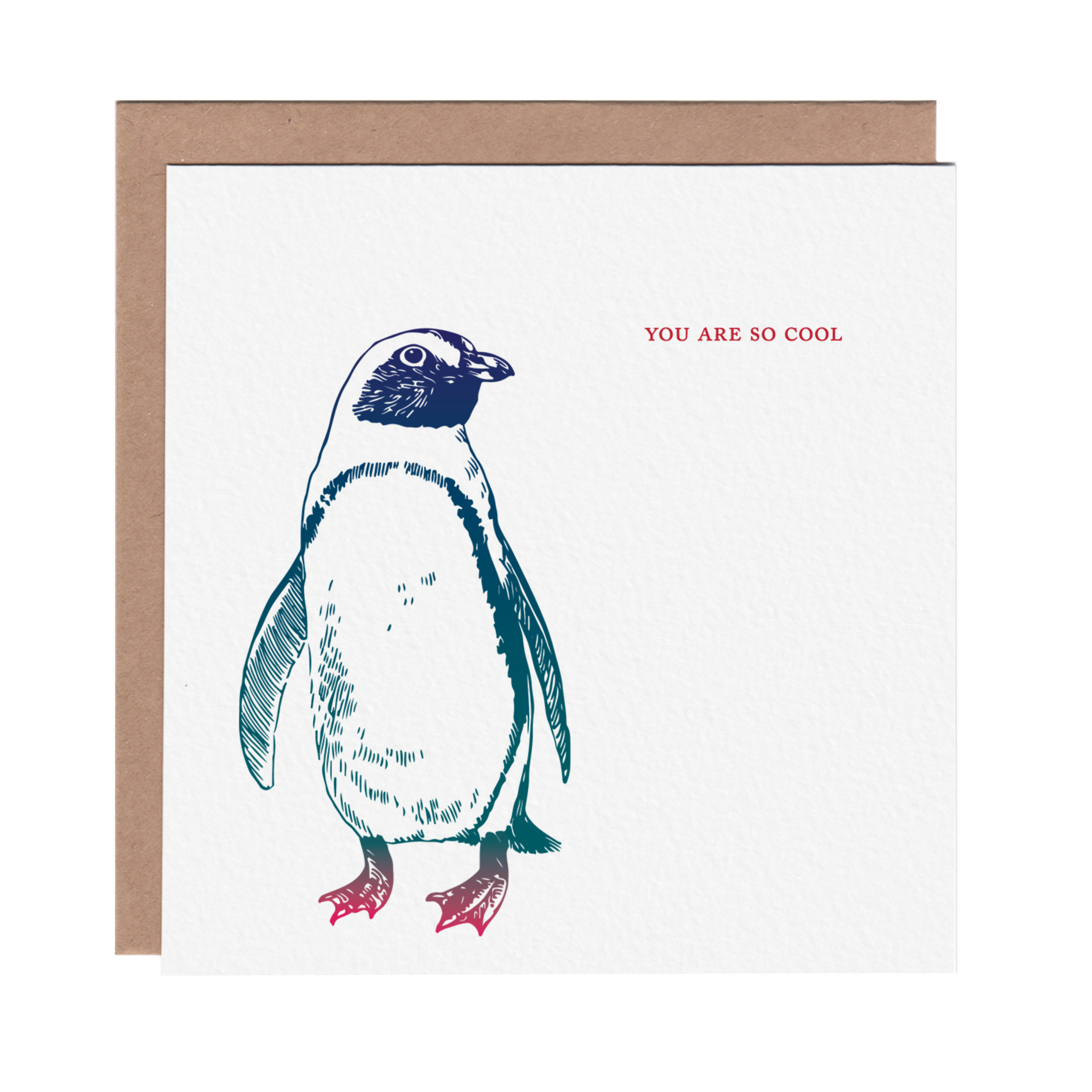 Square greeting card featuring a colorful etching-style illustration of a penguin on a white background. Blank inside, includes a brown kraft envelope.