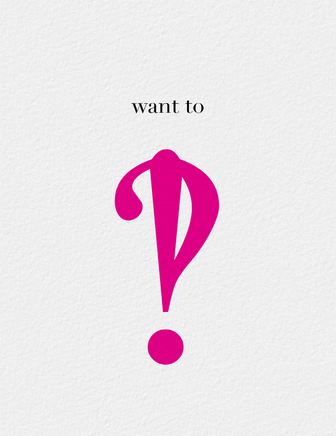 Rectangle greeting card featuring a large pink interrobang punctuation mark on a white background. Blank inside.