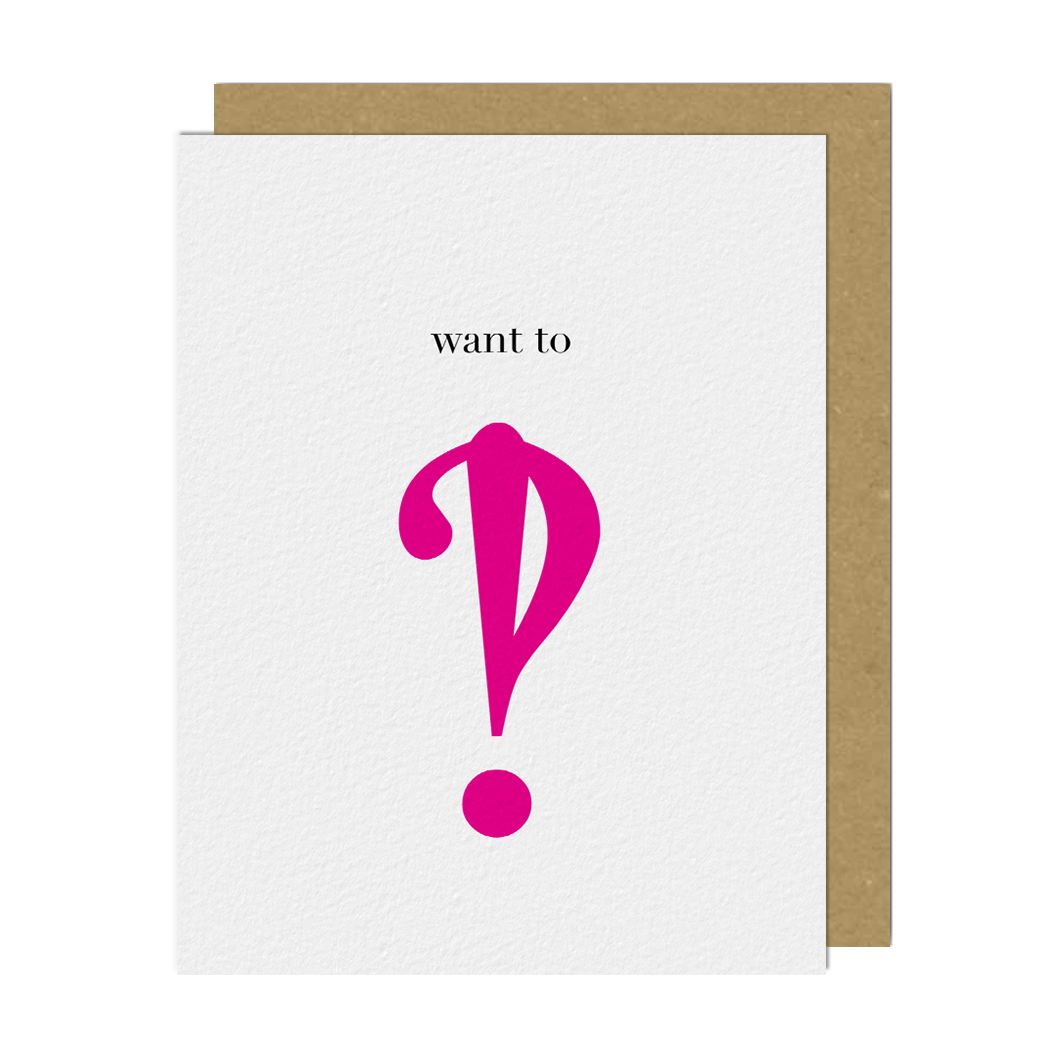 Rectangle greeting card featuring a large pink interrobang punctuation mark on a white background. Blank inside, includes a kraft envelope.