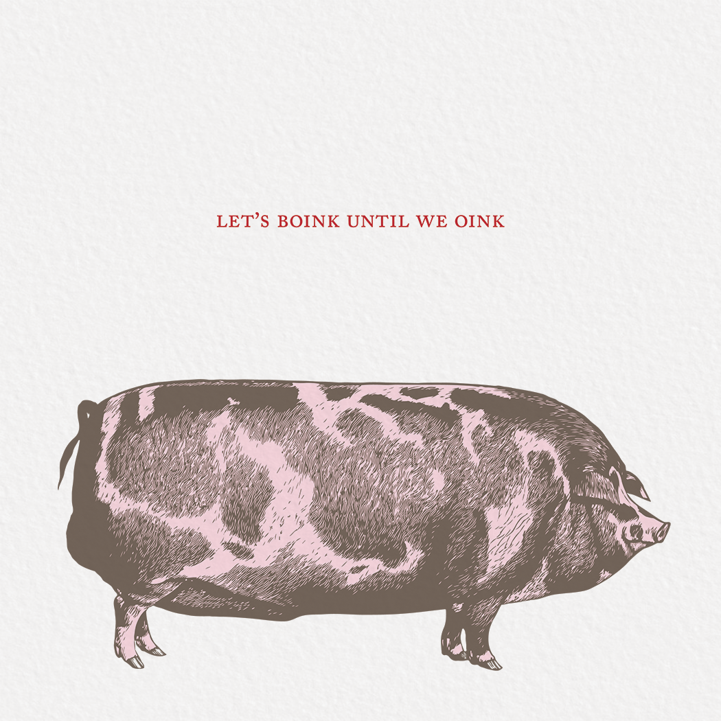 Square greeting card featuring a colorful etching-style illustration of a pig on a white background.