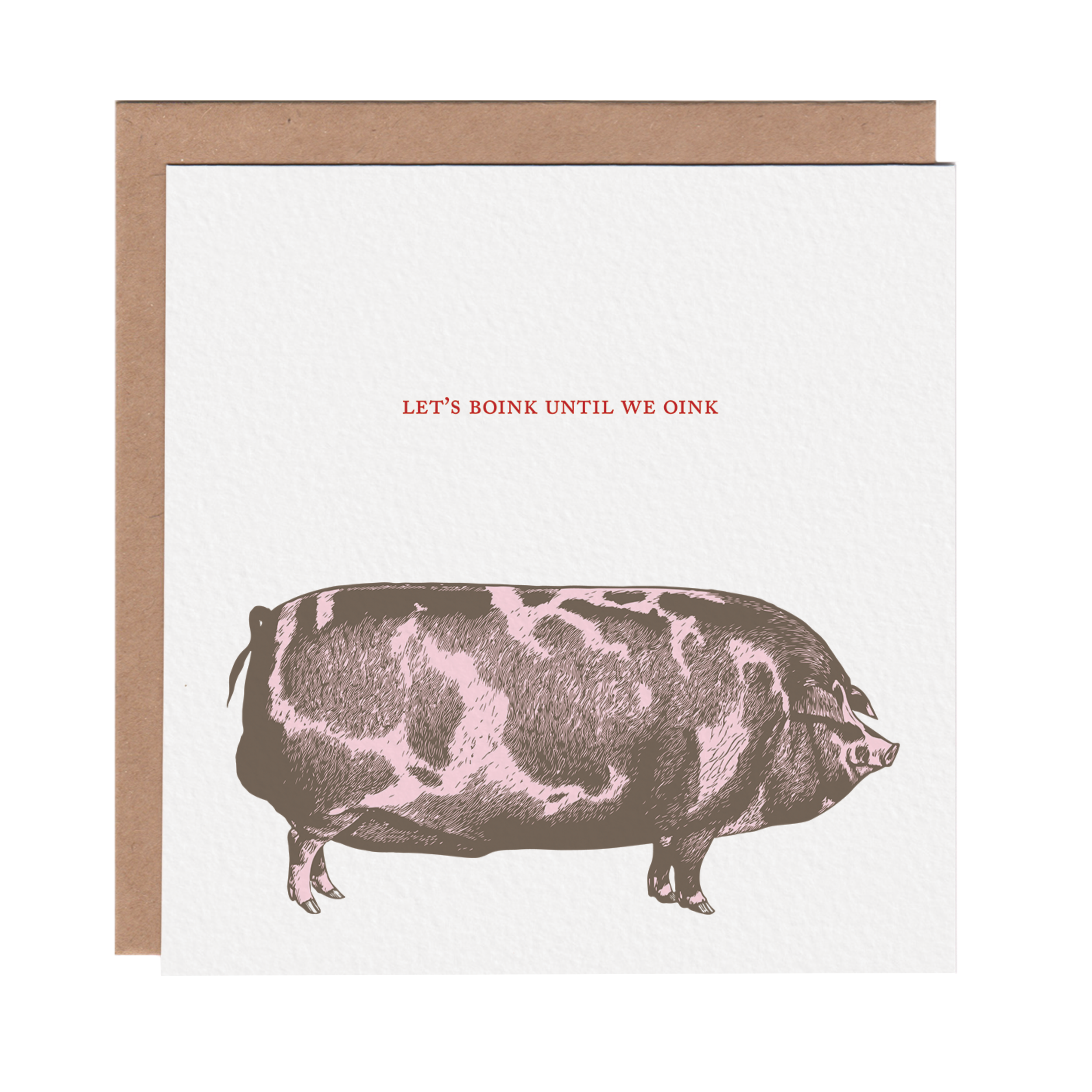 Square greeting card featuring a colorful etching-style illustration of a pig on a white background. Brown kraft envelope is included