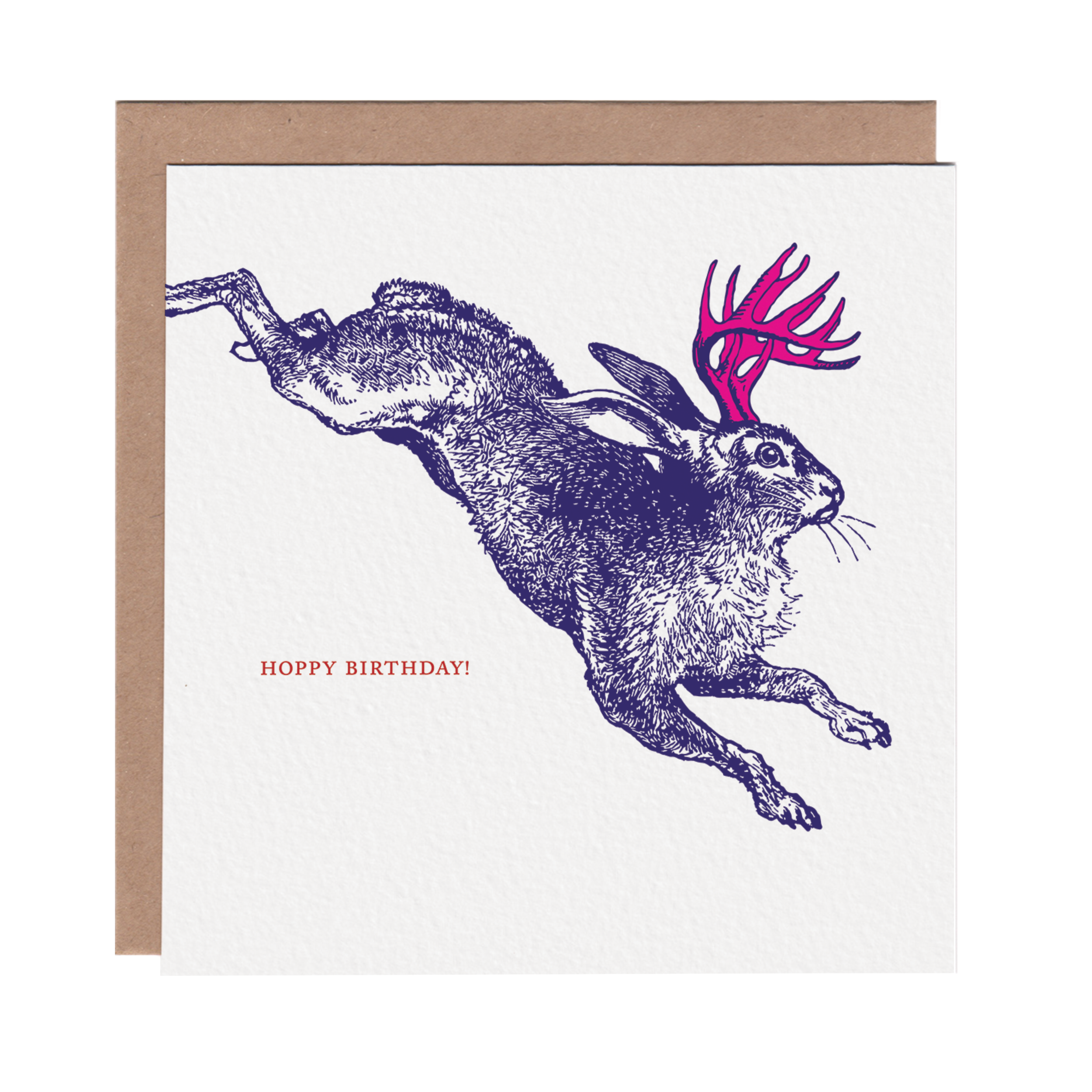 Square greeting card featuring a colorful etching-style illustration of a jackalope on a white background. Brown kraft envelope is included