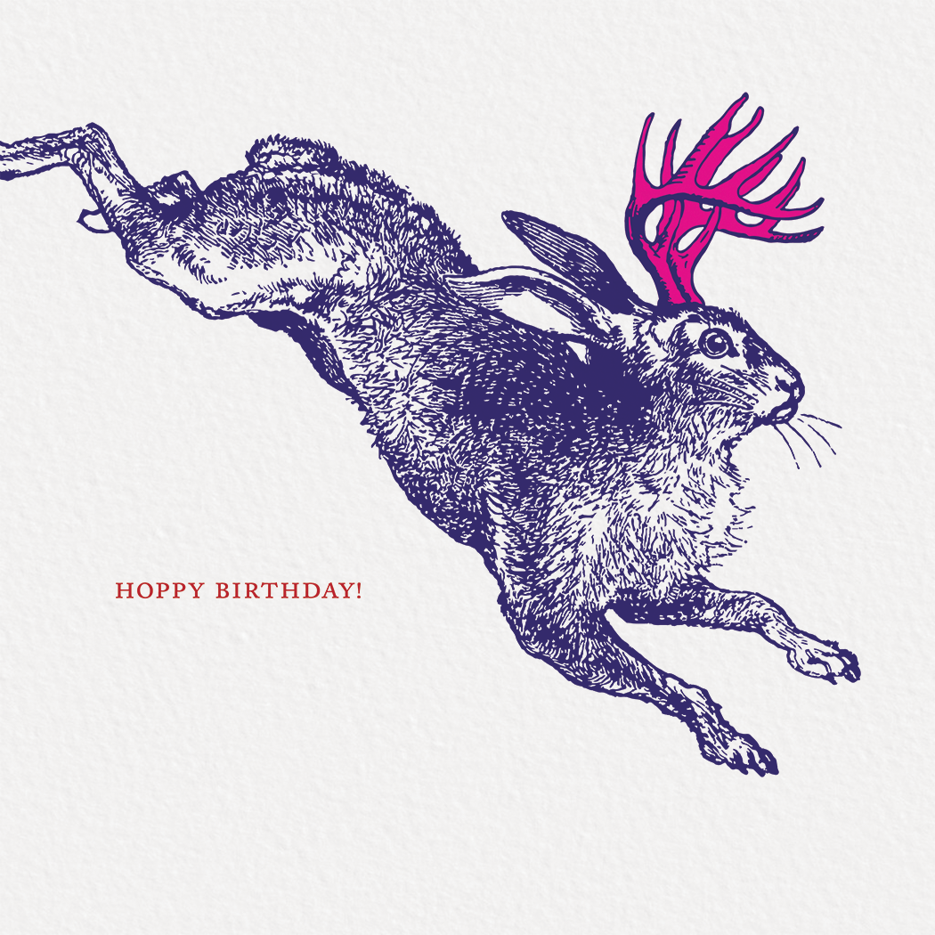 Square greeting card featuring a colorful etching-style illustration of a jackalope on a white background.