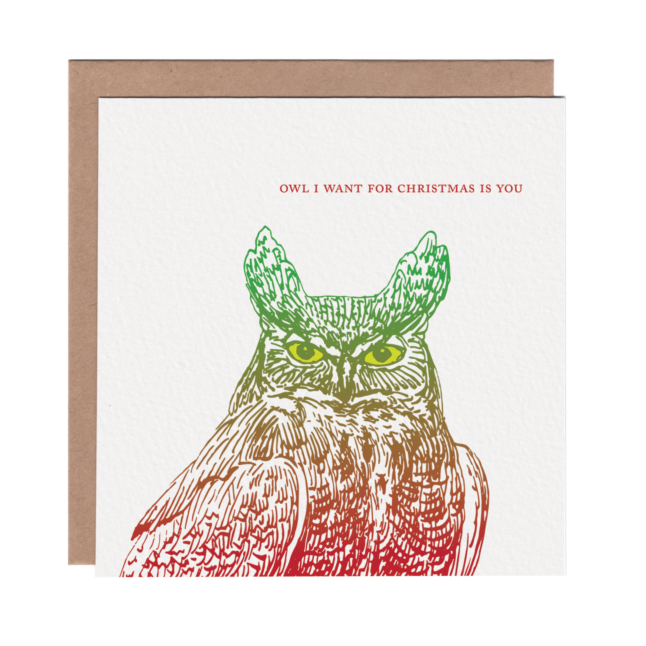 Square greeting card featuring a colorful etching-style illustration of an owl on a white background. Brown kraft envelope is included