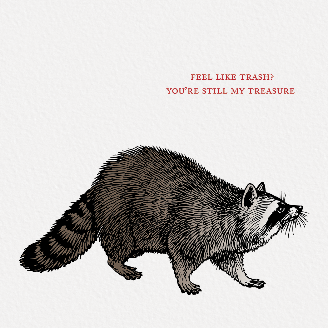 Square greeting card featuring a colorful etching-style illustration of a raccoon on a white background.