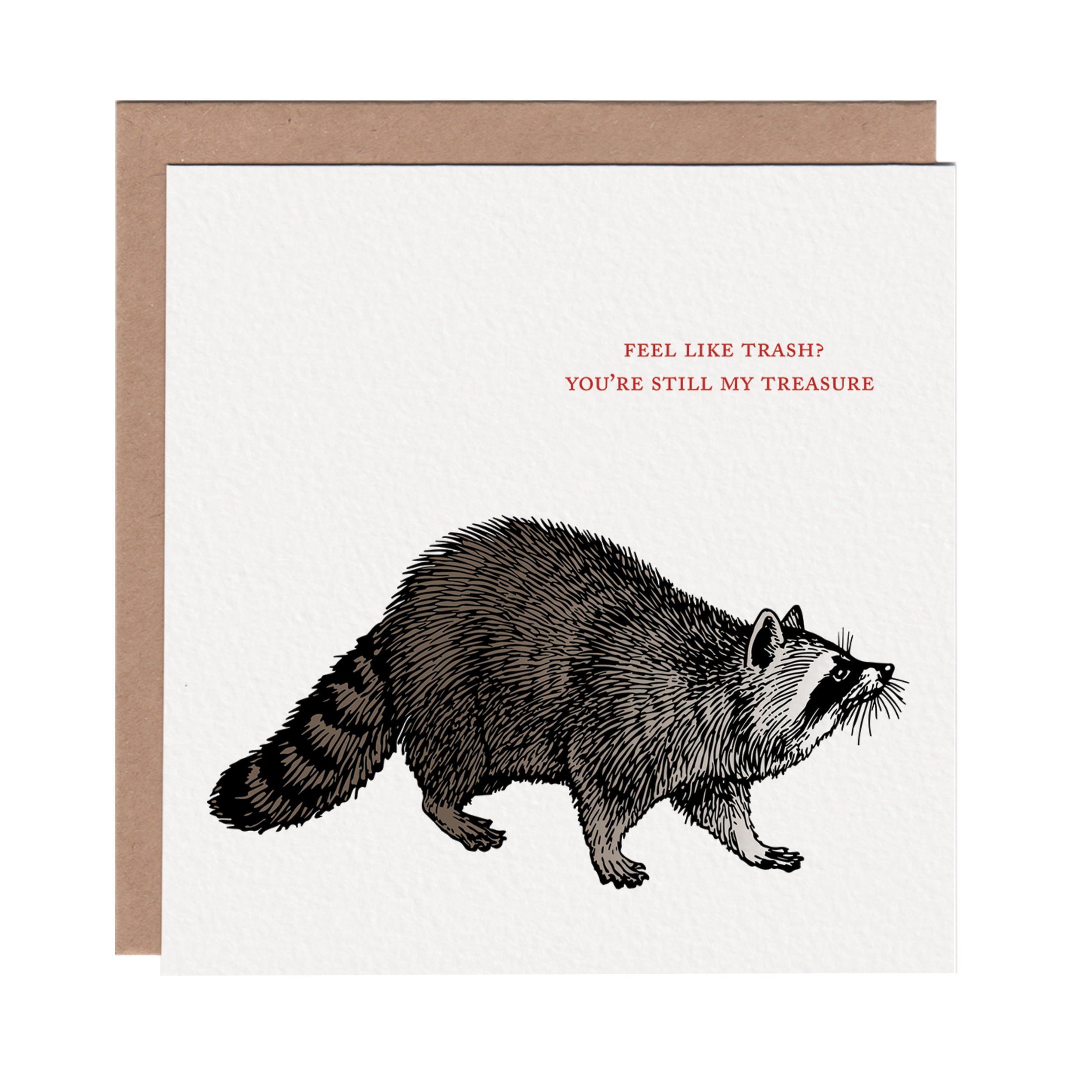 Square greeting card featuring a colorful etching-style illustration of a raccoon on a white background. Brown kraft envelope is included