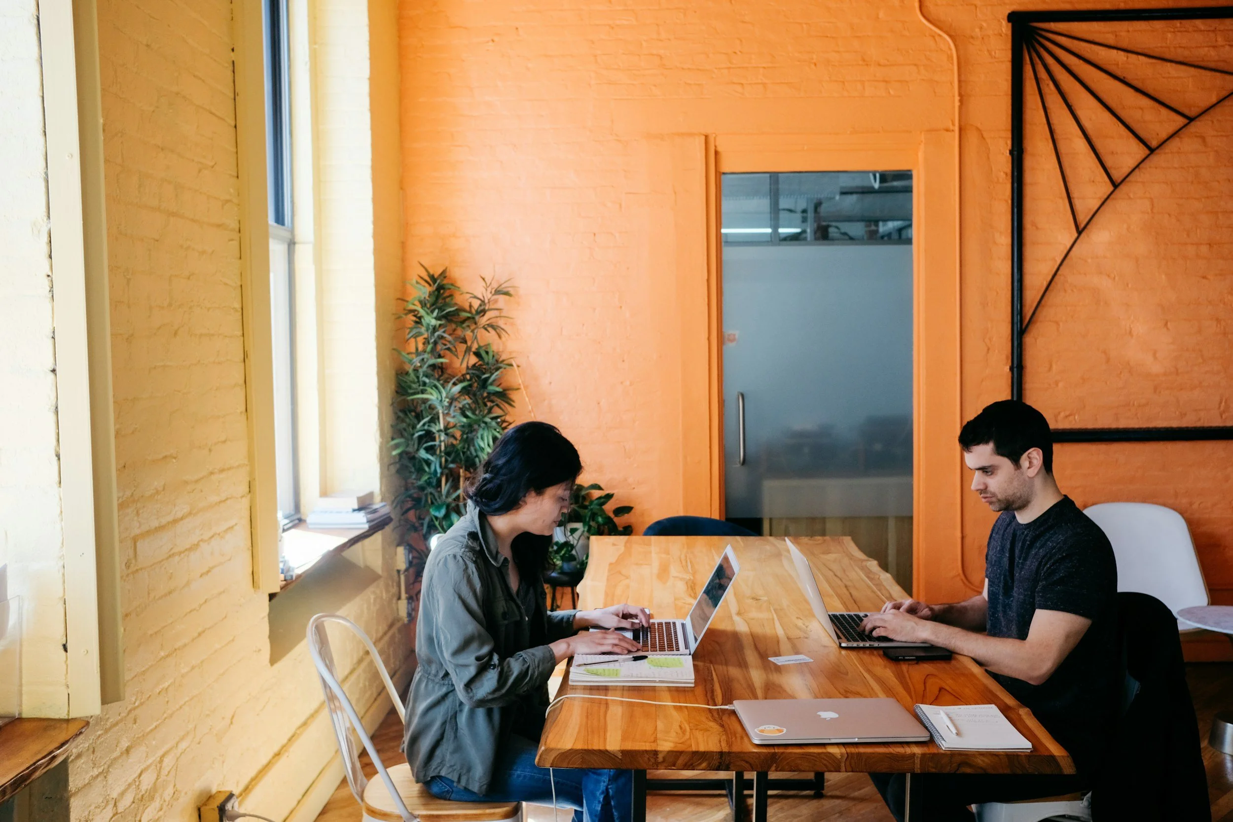 Two people working on laptops at a wooden table in a bright room with yellow and orange walls, large window, and potted plant.