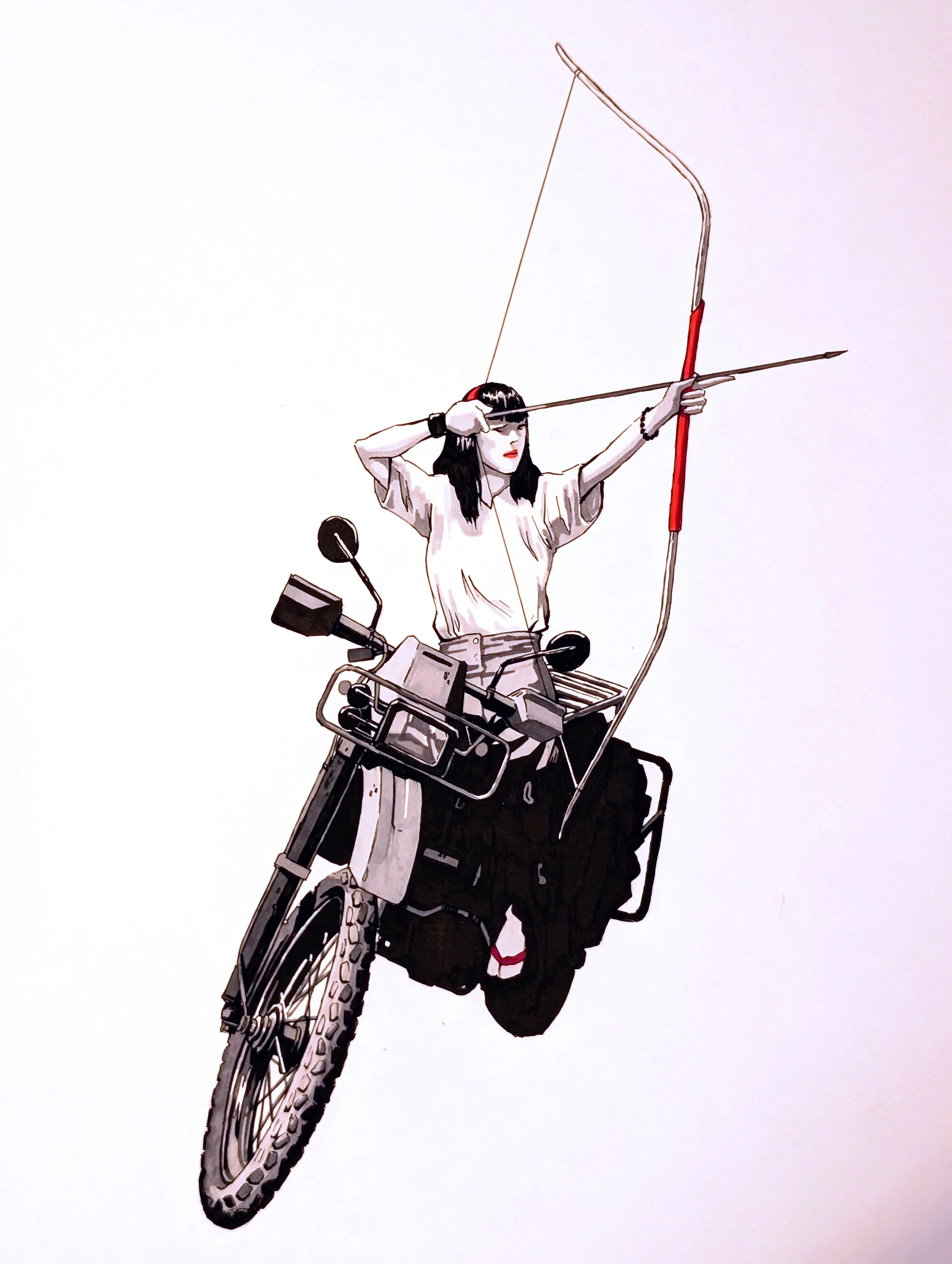 MOTORCYCLE GIRL 
 2026, pen, ink, and marker on bristol, 11x17" 