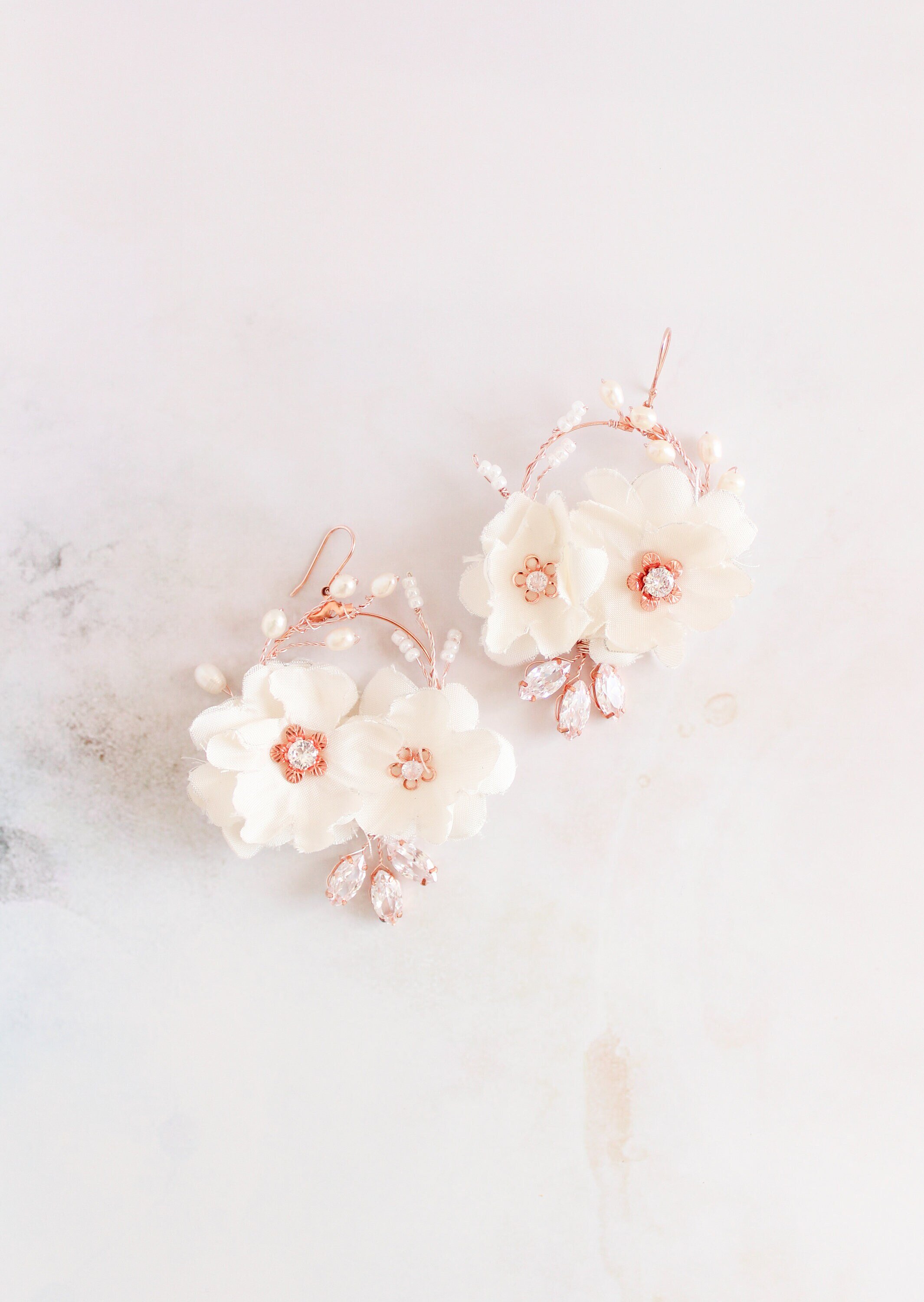 creamy bridal silk flower earrings, floral vine hoop earrings; bridal hoop earrings, wedding hair accessories, handcrafted bridal adornments; rose gold silk wedding earrings