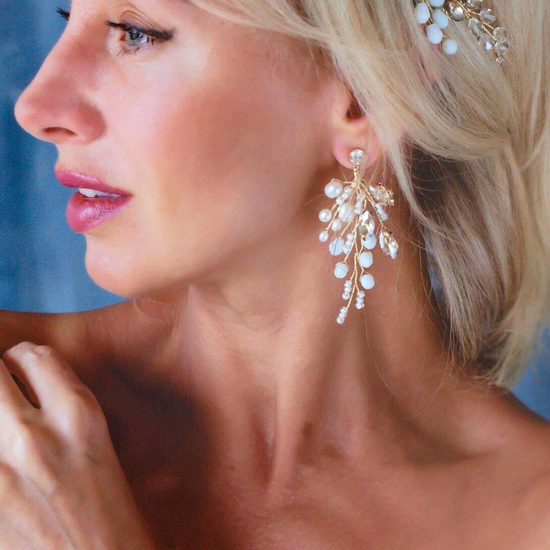 Gold floral vine bridal earrings Anastasiia, modern bridal earrings, floral bridal earrings, nature inspired wedding earrings