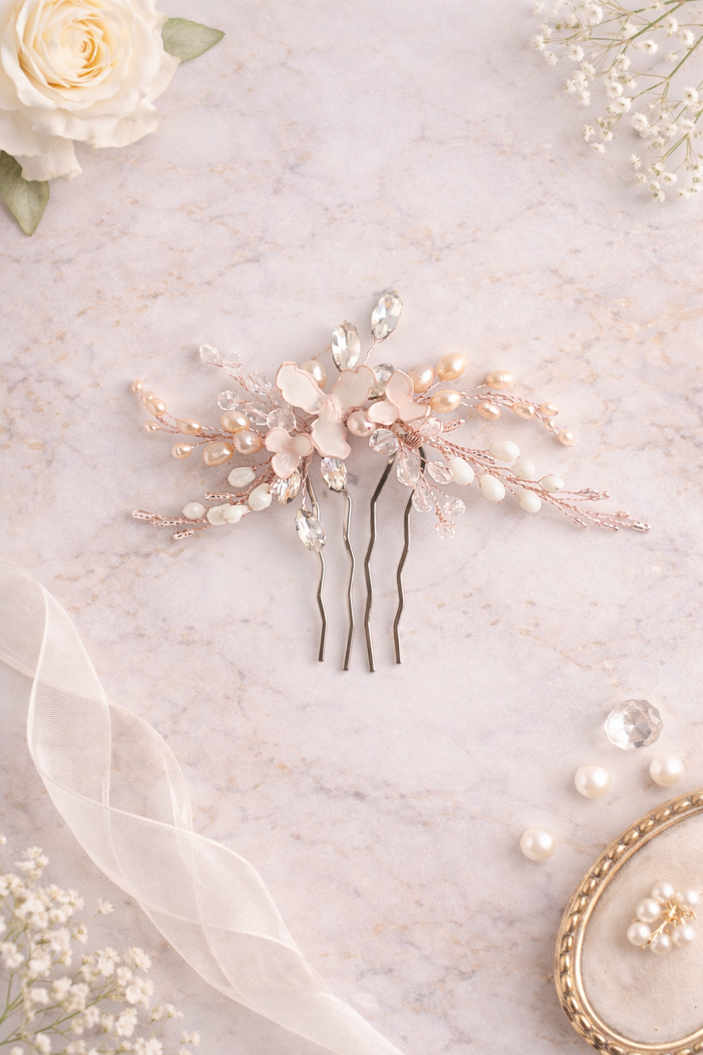 AVRIL Rose Gold Crystal Bridal Headpiece with Pearls | Floral Wedding Hair Accessory for Bride