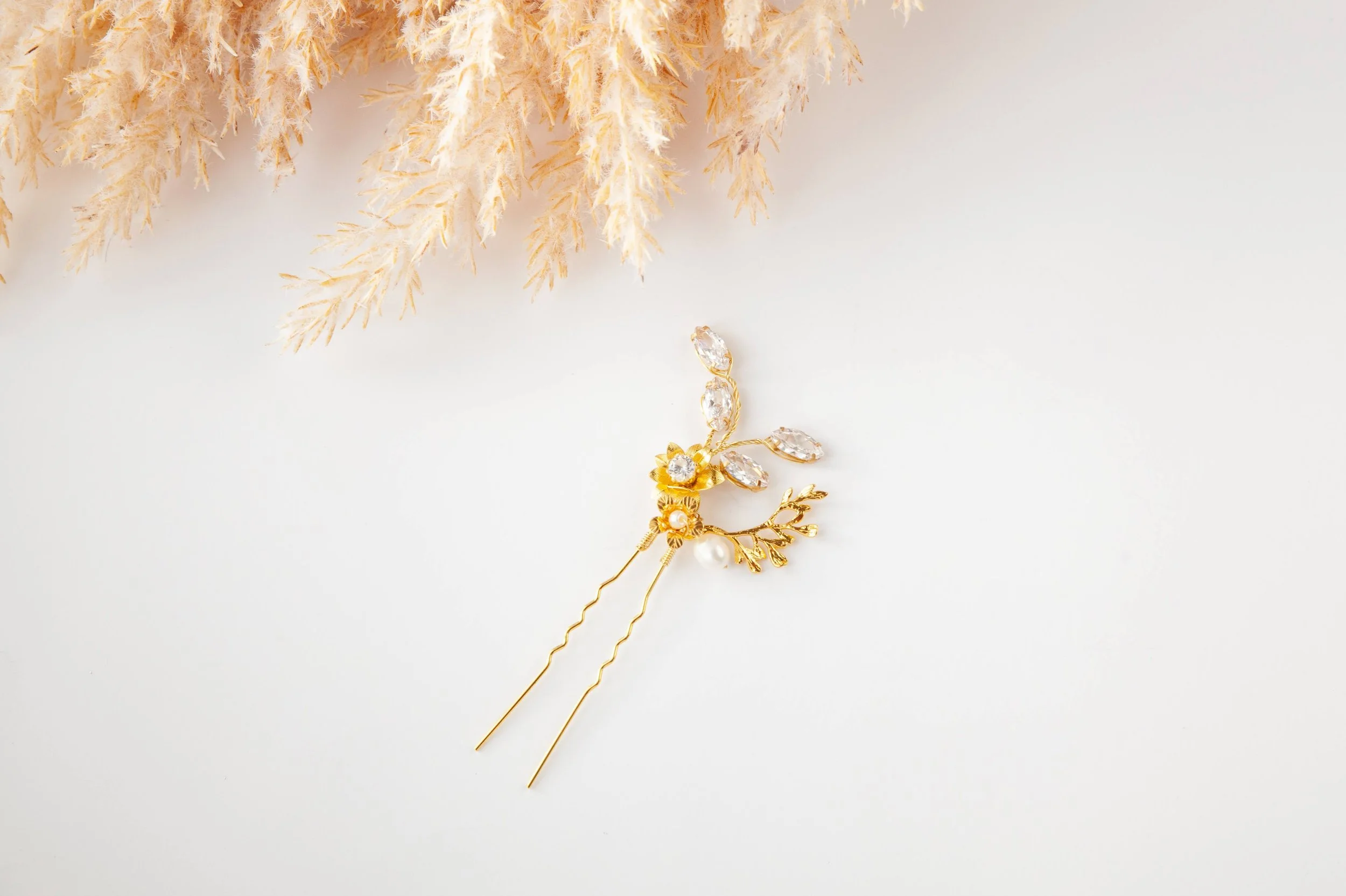 Flower Bridal Hair Pins with Cubic Zirconia and Freshwater Pearls Set of 3