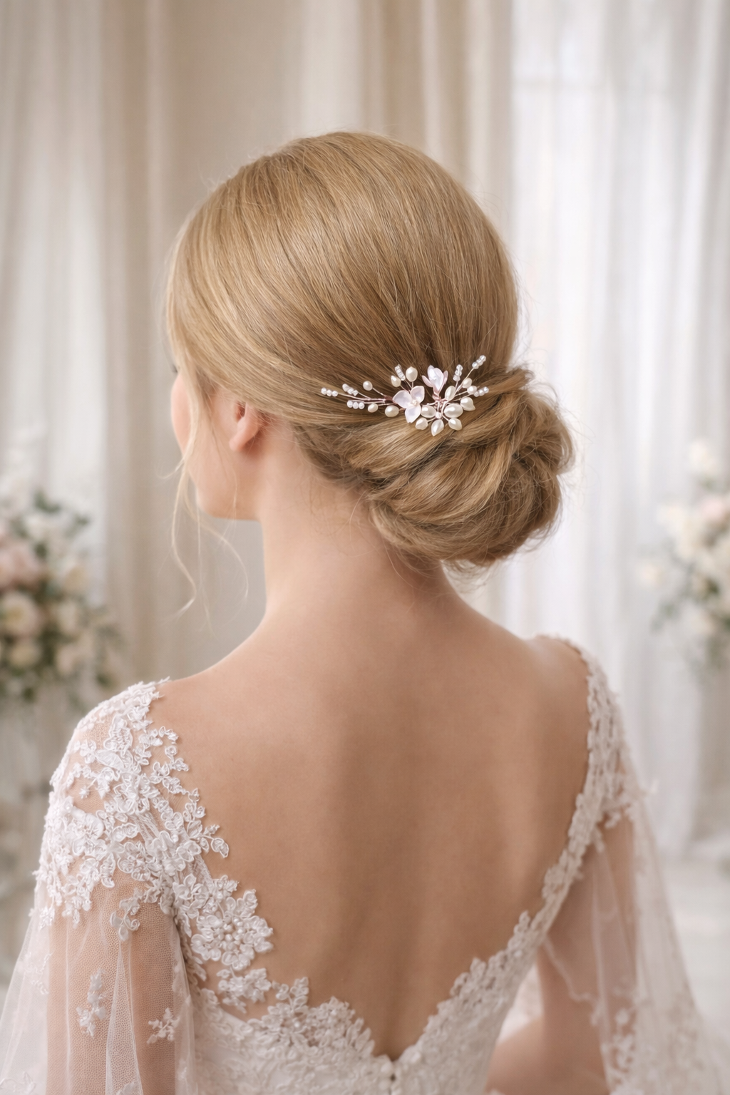 TAISIA Freshwater Pearl Bridal Hair Pin with Resin Flowers