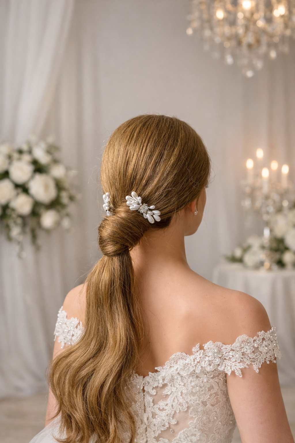 Elegant bridal hairpins made with Japanese faux teardrop pearls and cubic zirconia. Lightweight silver wedding hair accessories for modern brides.