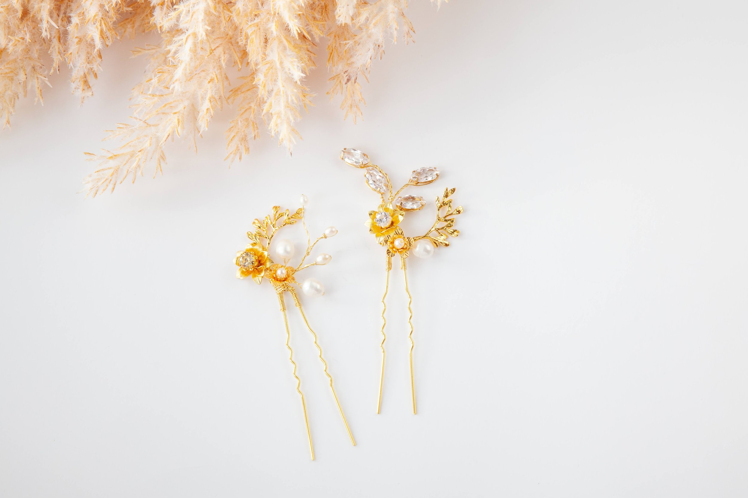 Flower Bridal Hair Pins with Cubic Zirconia and Freshwater Pearls