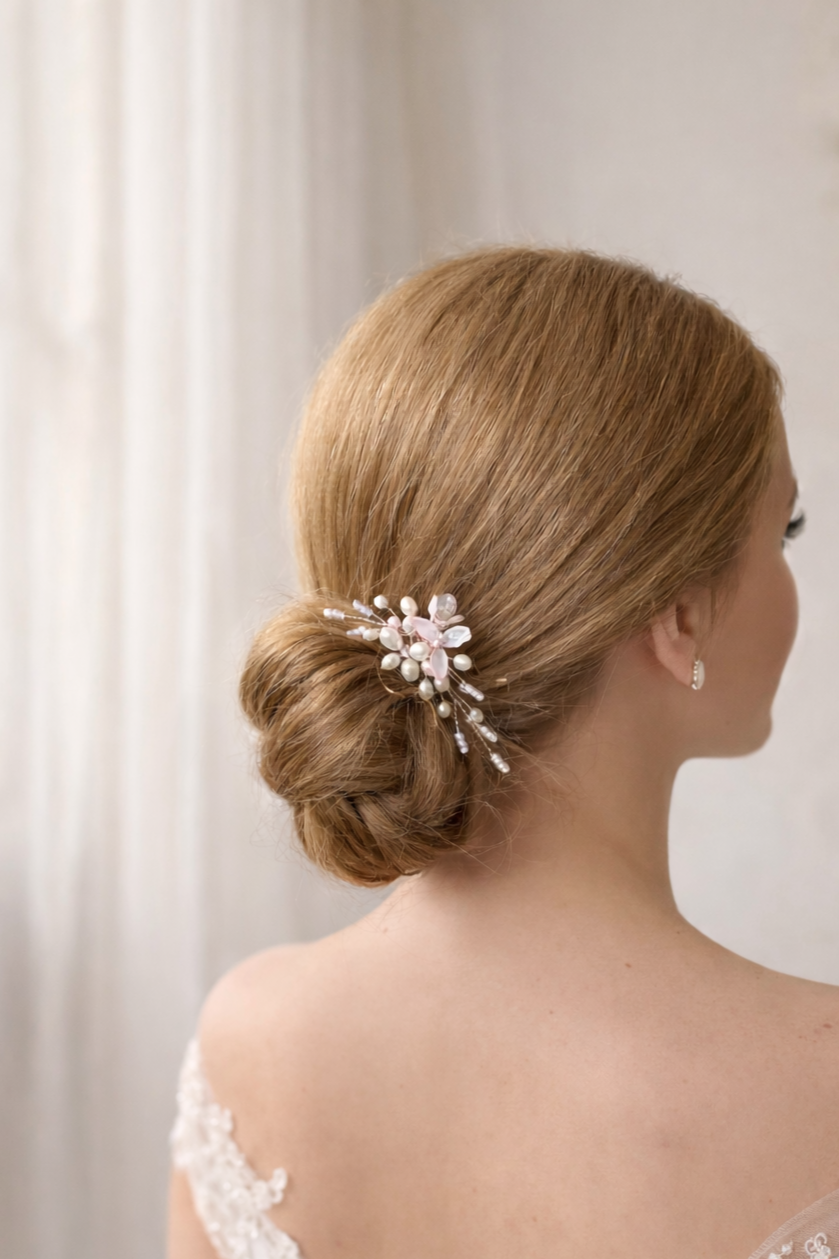 TAISIA Freshwater Pearl Bridal Hair Pin with Resin Flowers