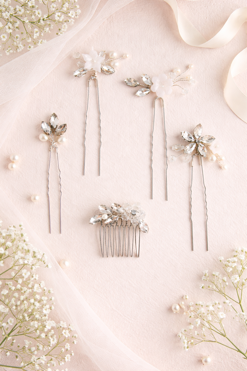 Silver bridesmaid hair pins Set of 5