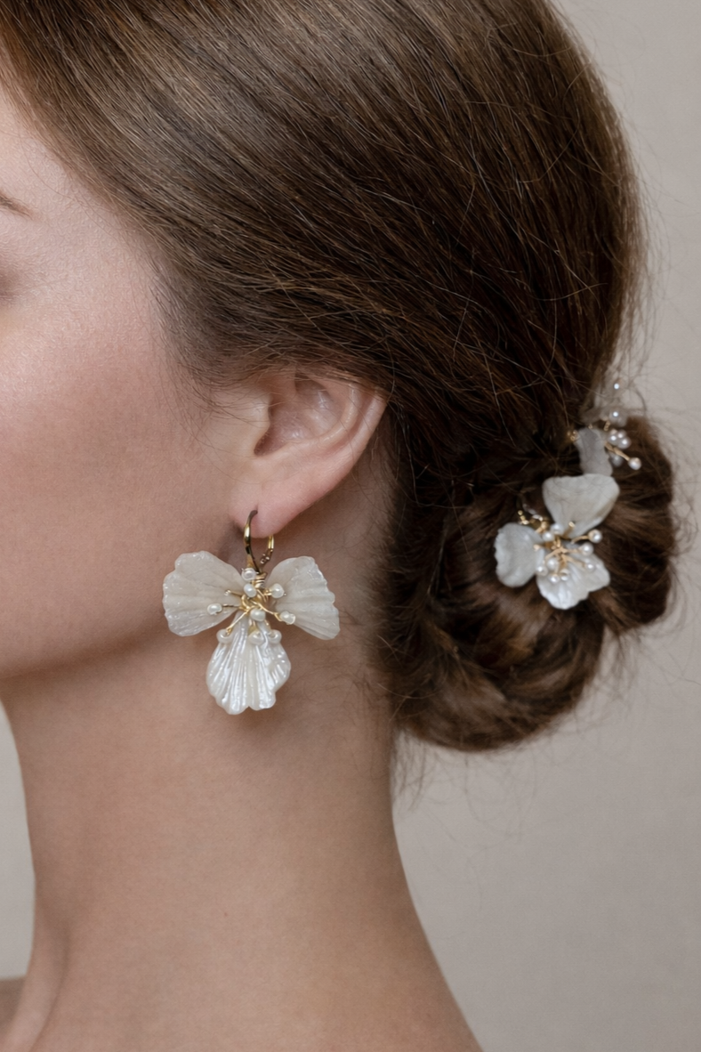 Floral Clay Wedding Earrings | Handmade Off-White Bridal Earrings with Seed Beads