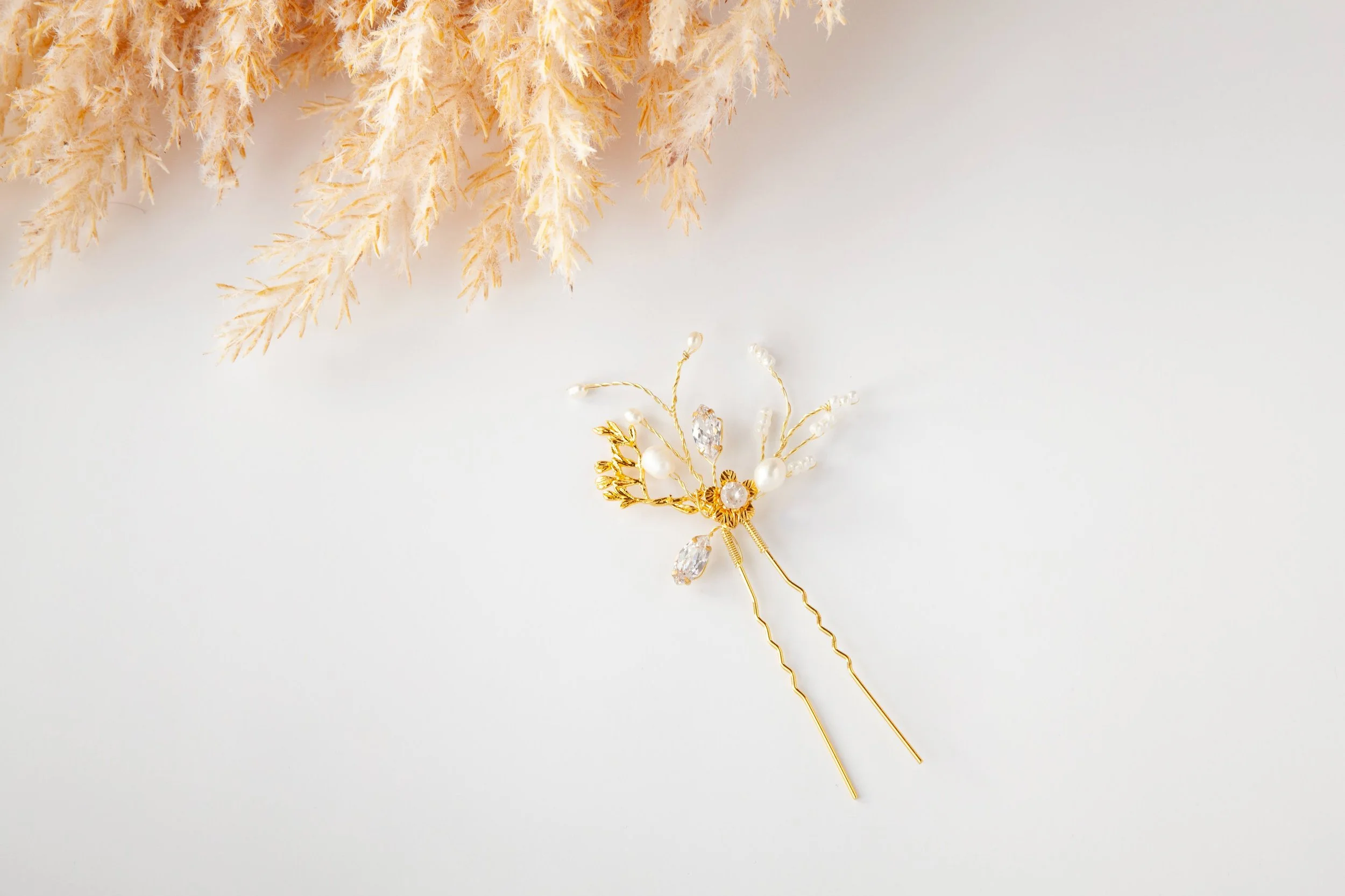 Flower Bridal Hair Pins with Cubic Zirconia and Freshwater Pearls Set of 3