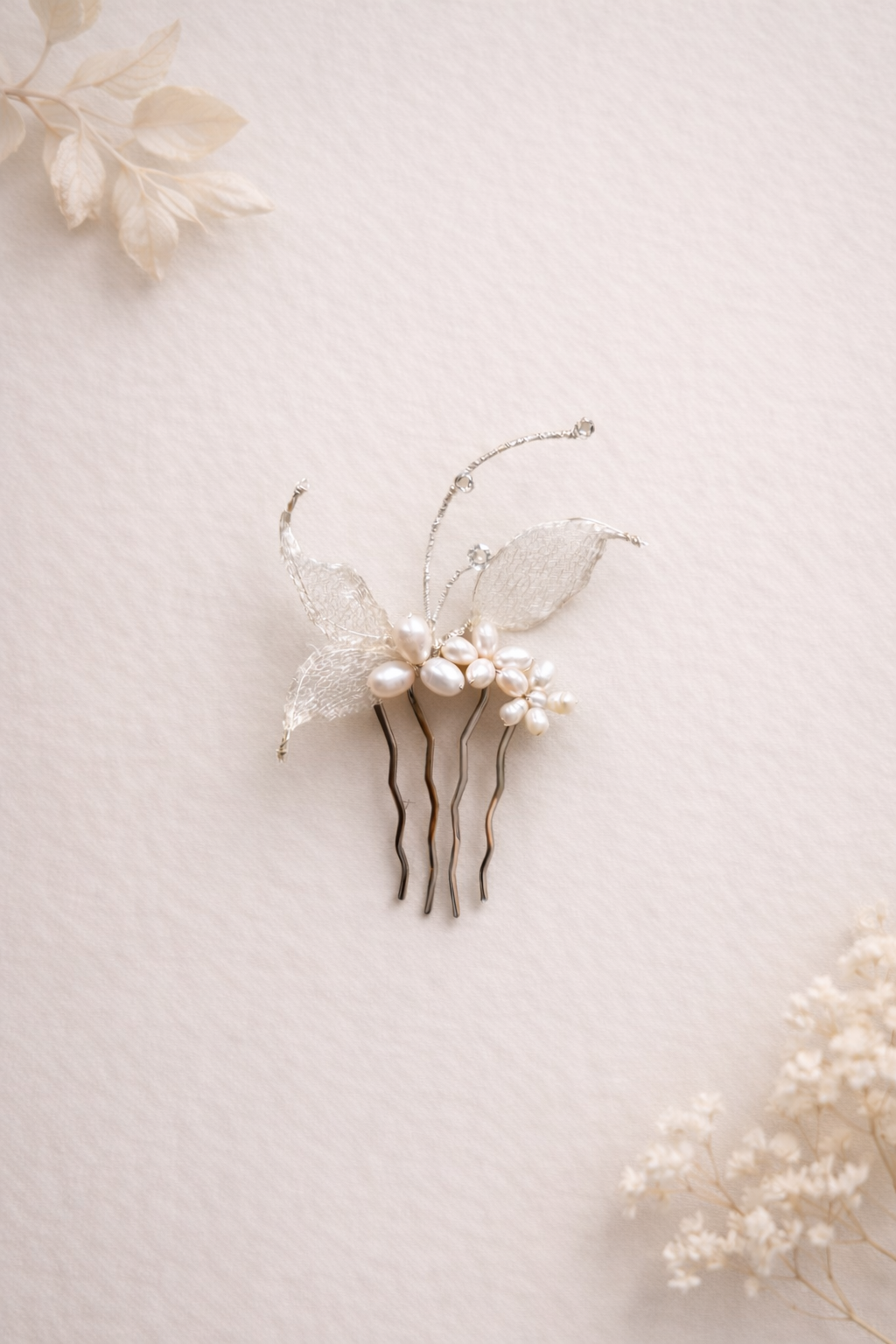 TENICIA Leaf Pearl Bridal Hair Comb | Handmade Pearl Wedding Hair Accessory with Cubic Zirconia