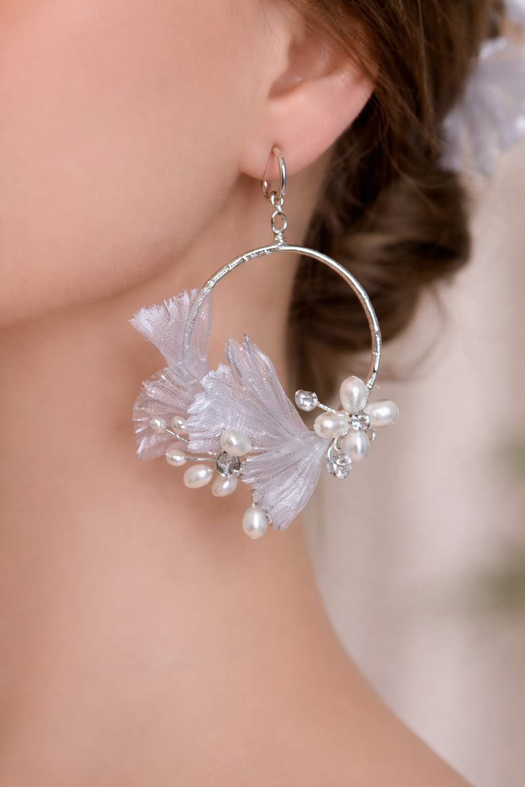VEINA Floral Bridal Pearl Hoop Earrings with Leaf Design | Handmade Resin Flower Wedding Earrings (Copy)