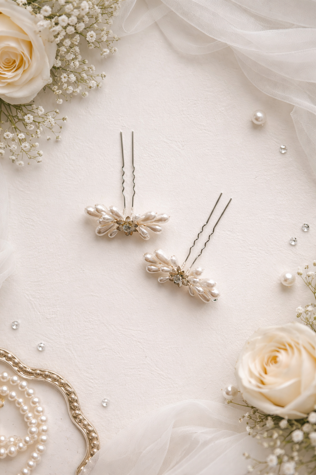 Elegant bridal hairpins made with Japanese faux teardrop pearls and cubic zirconia. Lightweight silver wedding hair accessories for modern brides.
