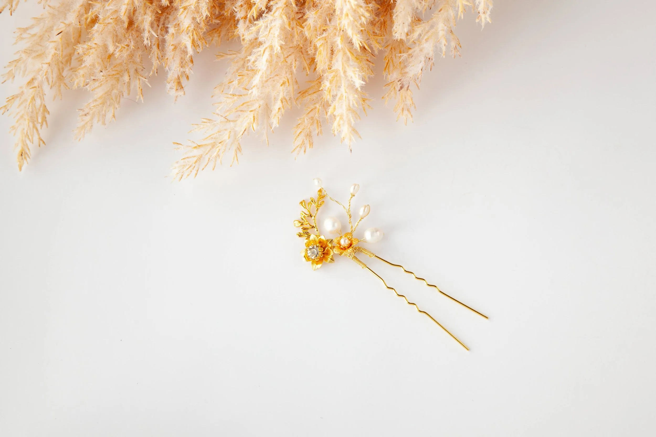 Flower Bridal Hair Pins with Cubic Zirconia and Freshwater Pearls Set of 3