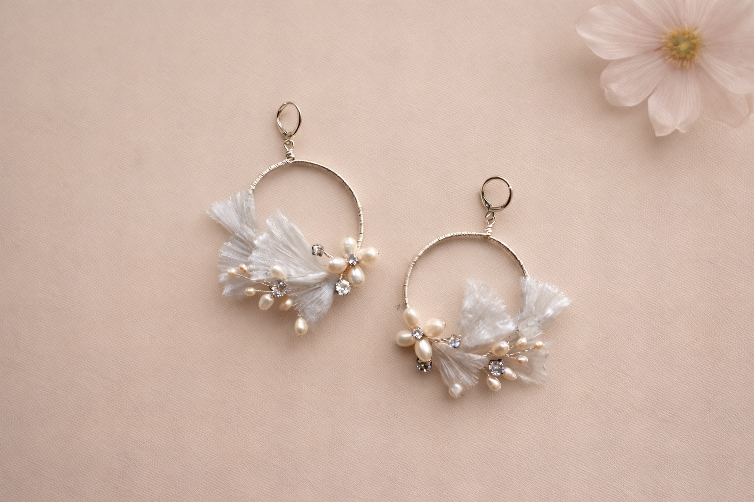 VEINA Floral Bridal Pearl Hoop Earrings with Leaf Design | Handmade Resin Flower Wedding Earrings
