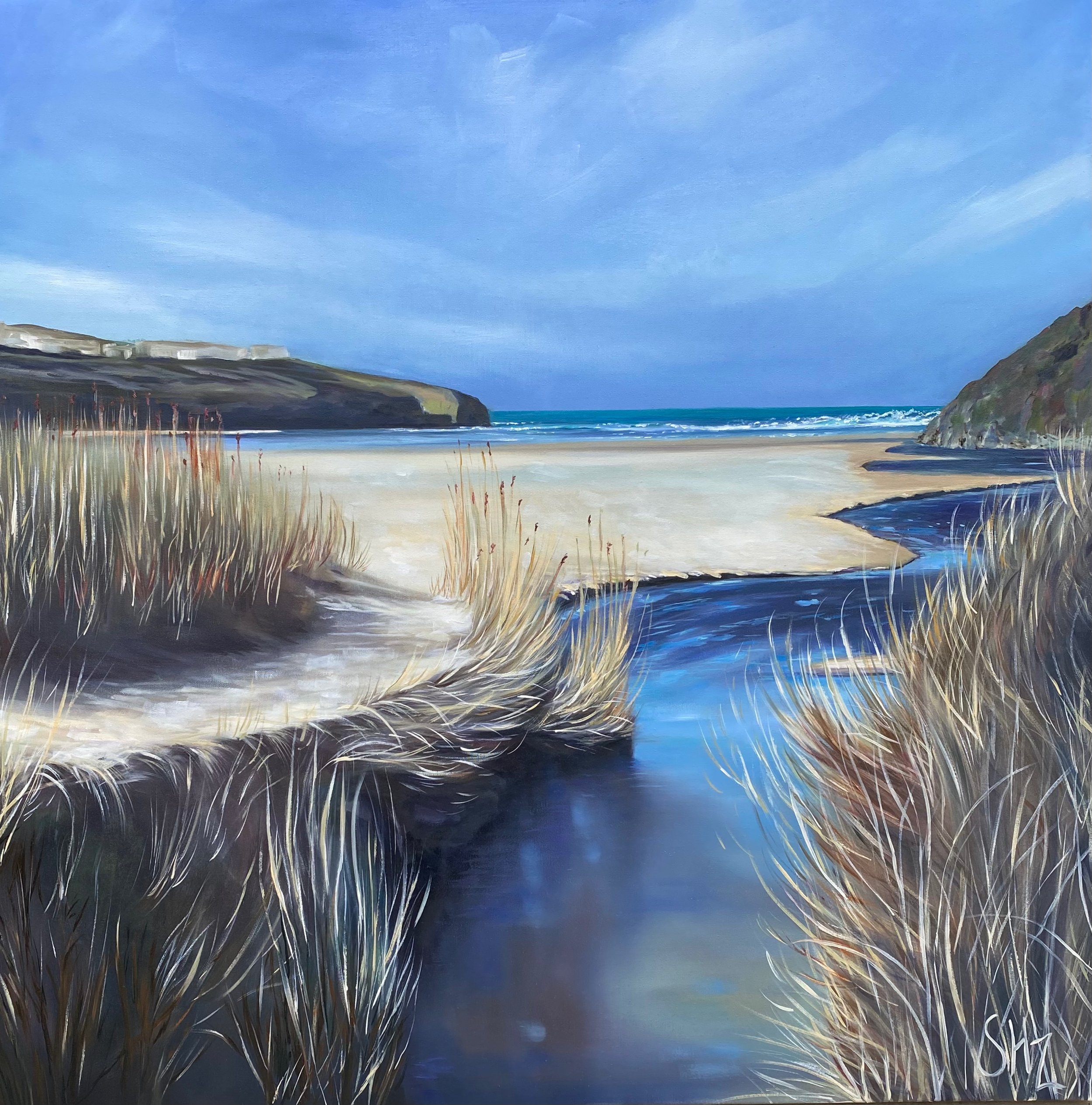Goodenough Sharon:PORTHCOTHAN Beach, Cornwall:Oil on Canvas:70x70cm.jpeg