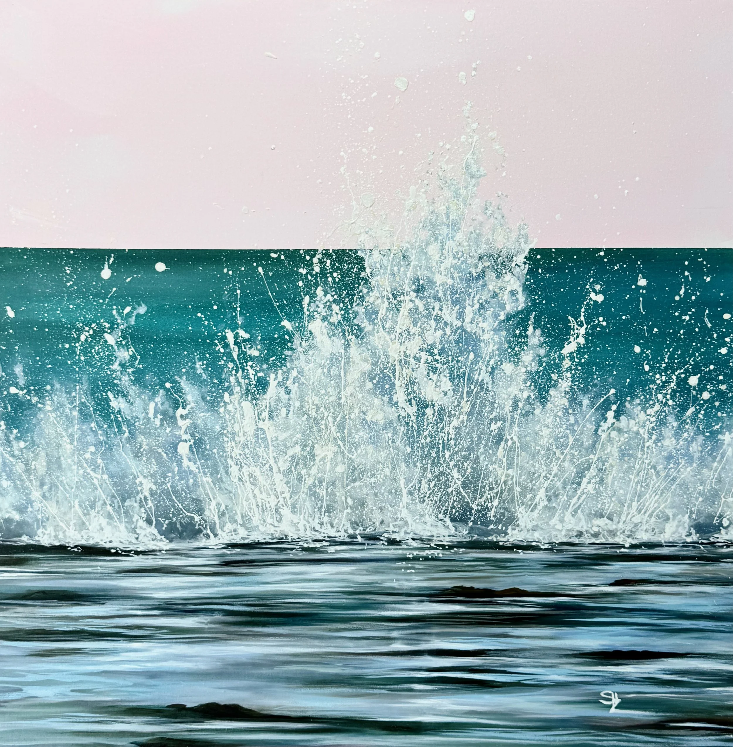 A painting of an ocean scene with a splash in the water, painted in shades of blue, white, and gray.