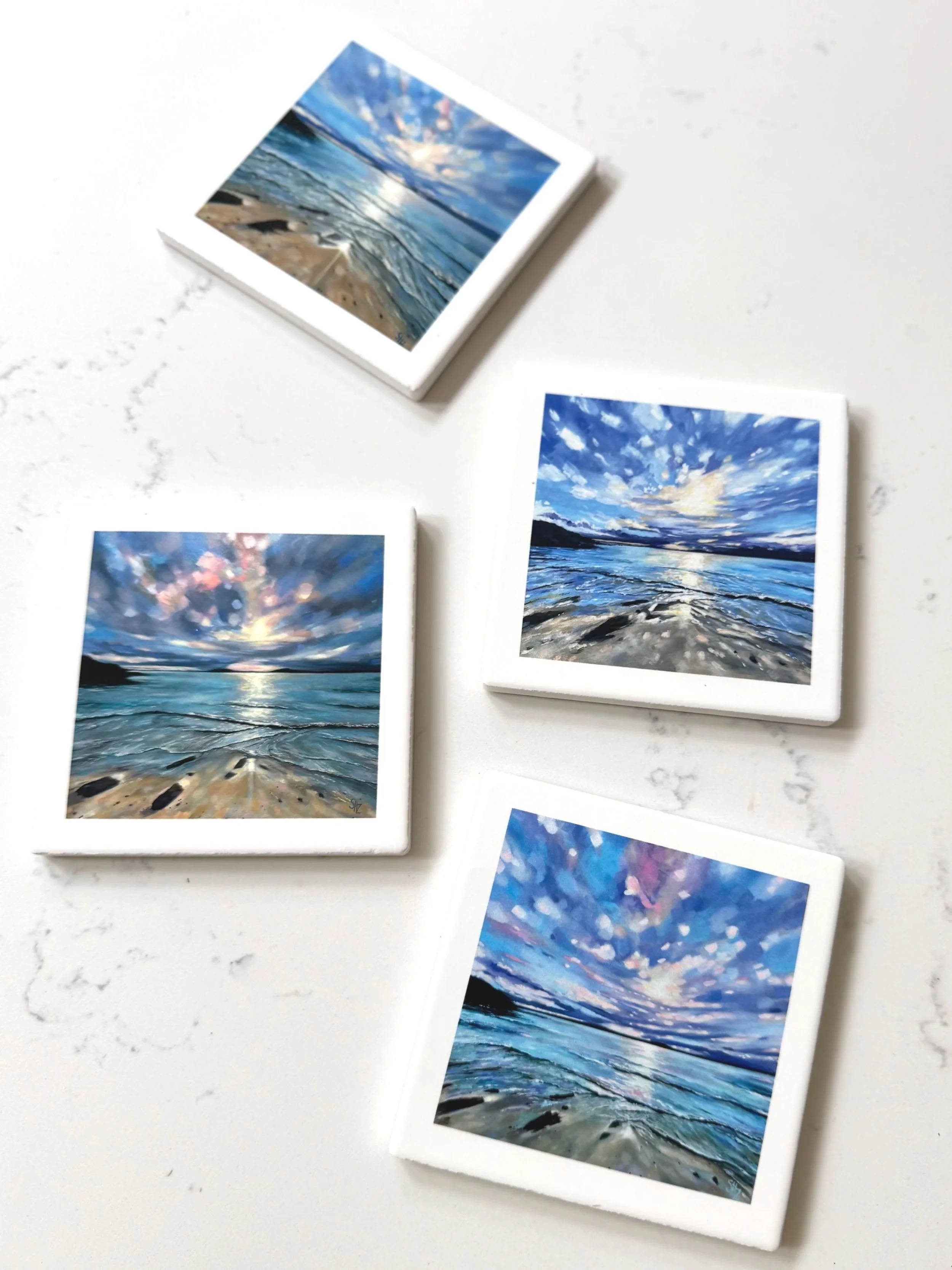 Set of 4 coastal art coasters featuring original seascape painting by Sharon Goodenough at Sharon Studio Art