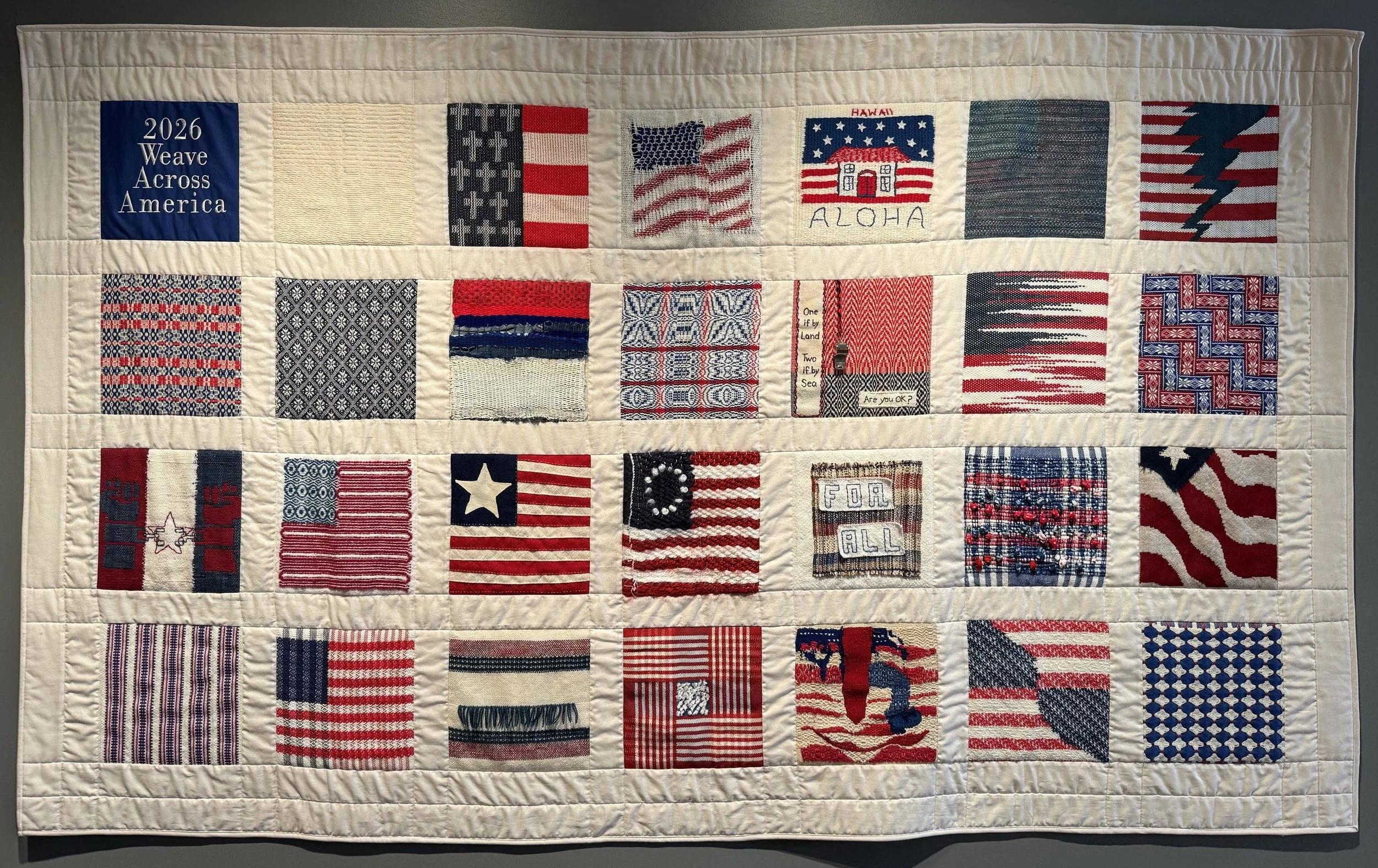 Weave Across America Coverlet, 2026, (contributing artist) twenty-seven textile artists from fifteen states represented. CURRENTLY ON DISPLAY at THOUSAND ISLAND ART CENTER AND HOME OF THE HANDWEAVING MUSEUM, 321 James St, Clayton, NY 13624