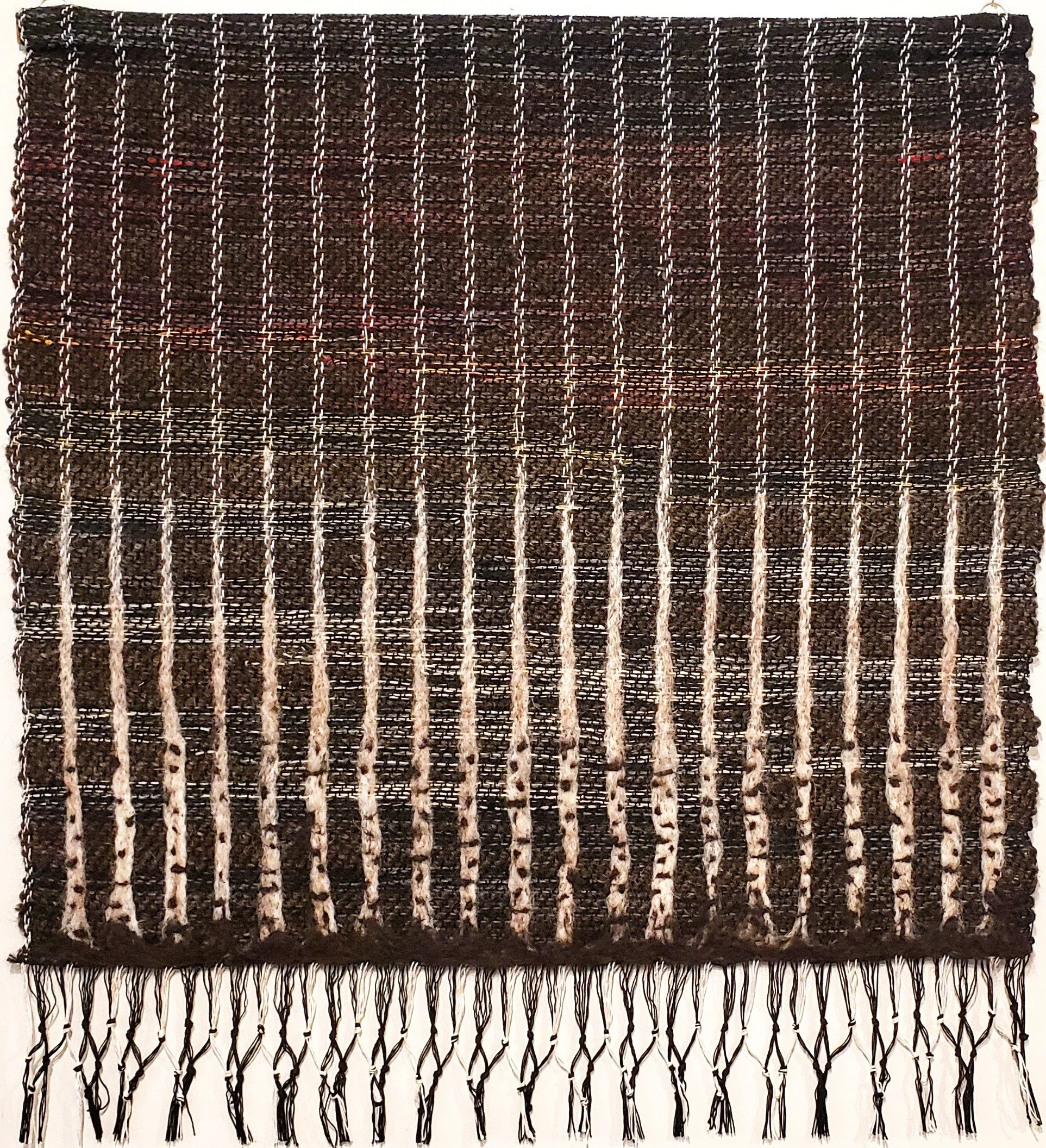 Birch Forest, 2026, cotton warp, handspun wool, acrylic, wool & alpaca roving, 25" x 29"